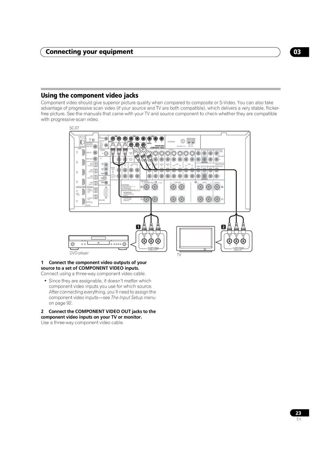 Pioneer SC-05, SC-07 manual Connecting your equipment Using the component video jacks, Use a three-way component video cable 