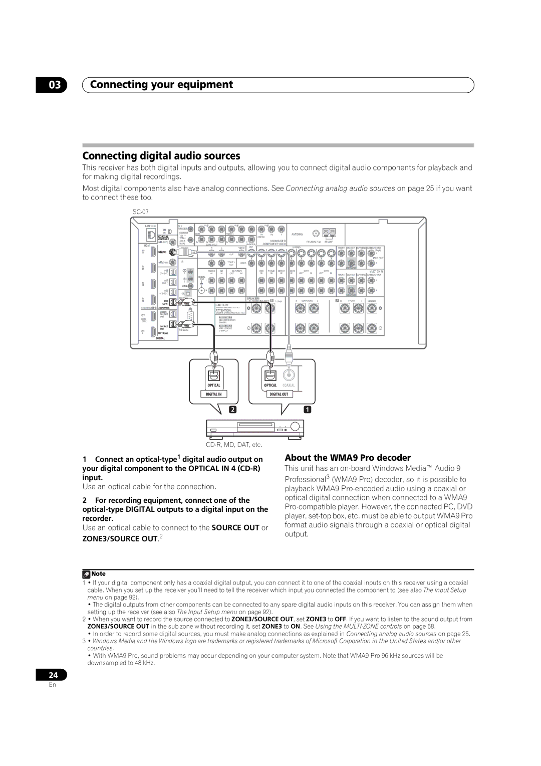 Pioneer SC-07, SC-05 manual Connecting your equipment Connecting digital audio sources, About the WMA9 Pro decoder 