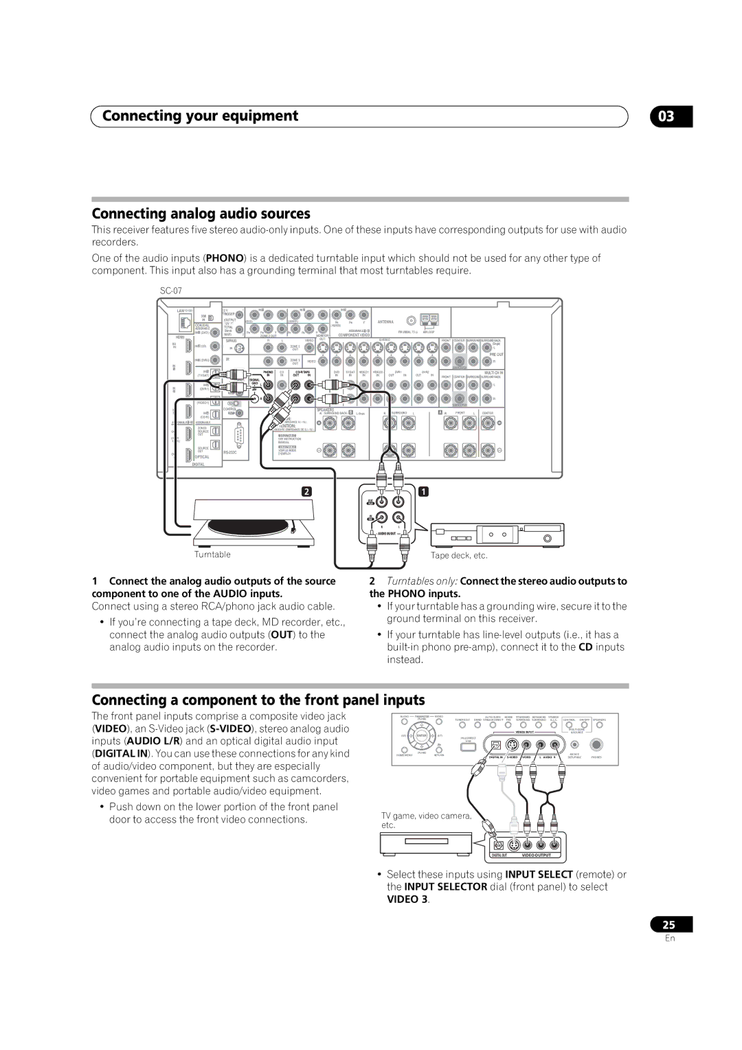 Pioneer SC-05 Connecting your equipment Connecting analog audio sources, Connecting a component to the front panel inputs 