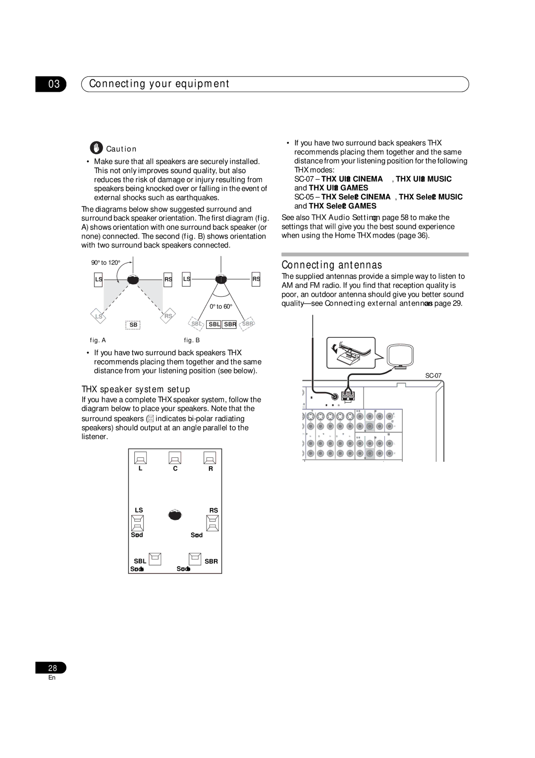 Pioneer SC-07, SC-05 manual Connecting antennas, THX speaker system setup 