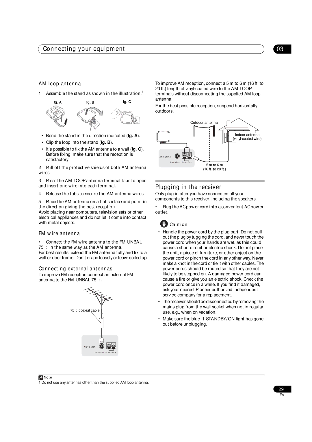 Pioneer SC-05, SC-07 manual Plugging in the receiver, AM loop antenna, FM wire antenna, Connecting external antennas 