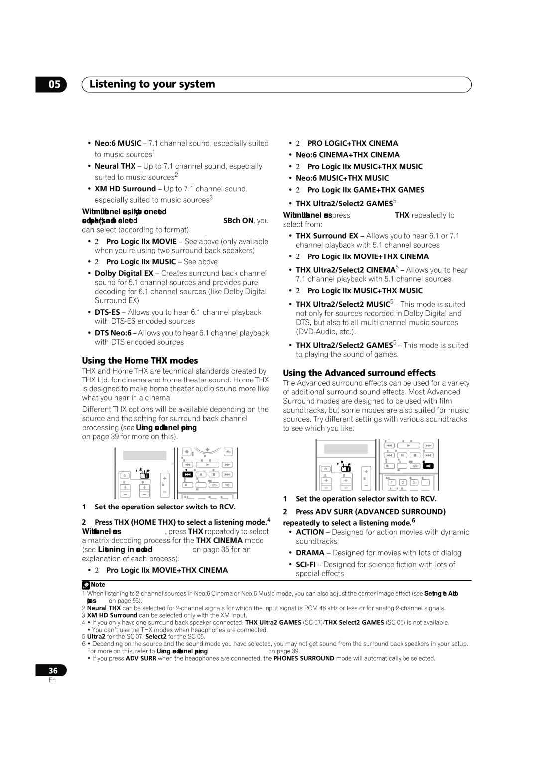 Pioneer SC-07, SC-05 manual Listening to your system, Using the Home THX modes, Using the Advanced surround effects 