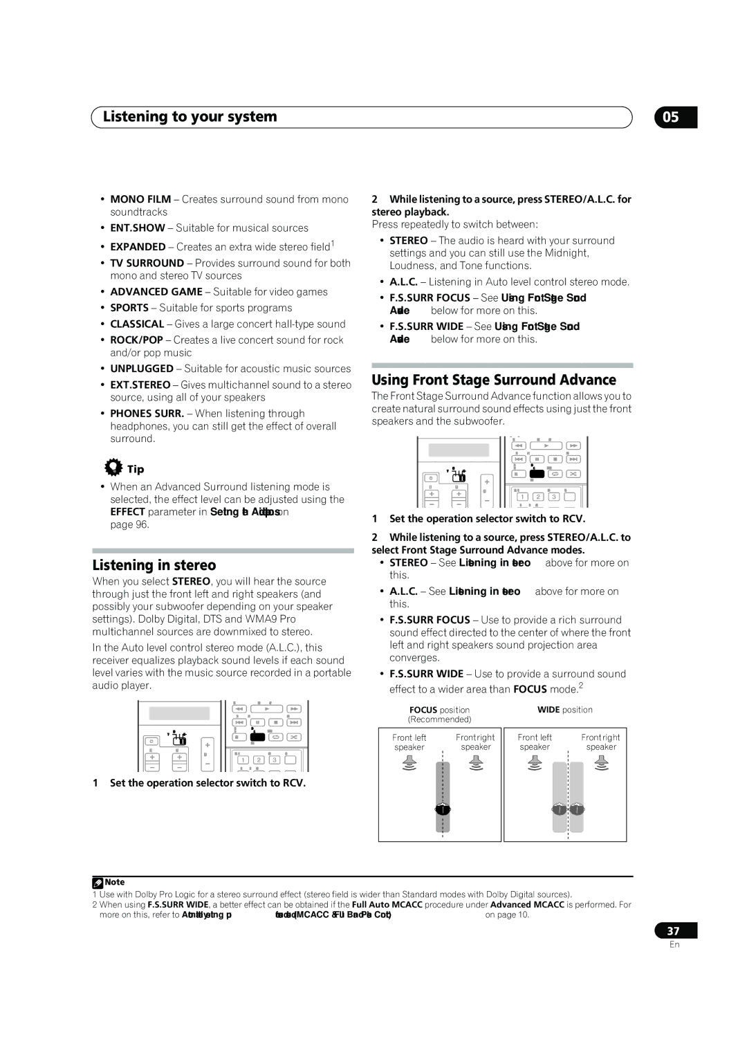 Pioneer SC-05, SC-07 manual Using Front Stage Surround Advance, Listening in stereo, Tip 