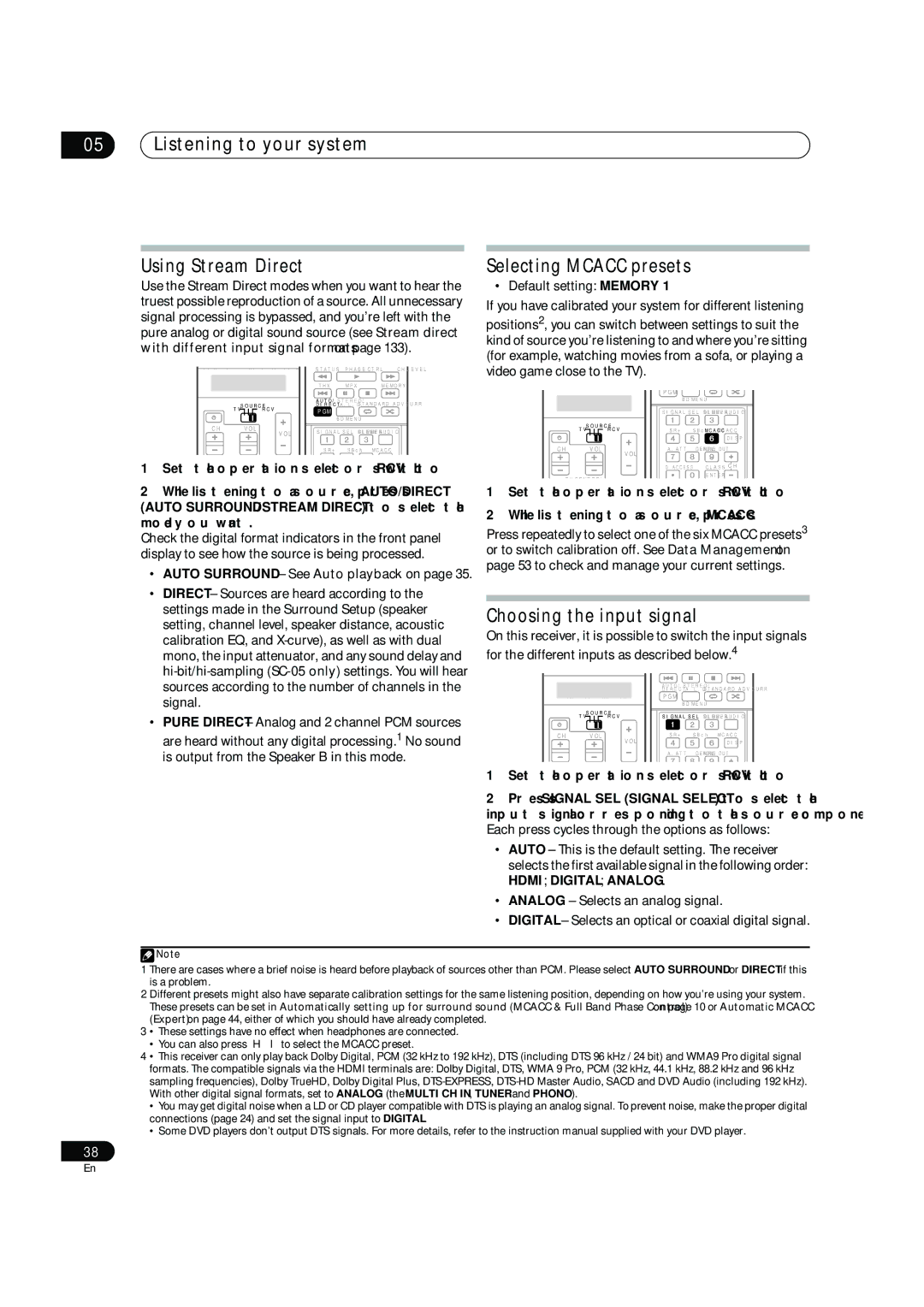 Pioneer SC-07, SC-05 manual Listening to your system Using Stream Direct, Selecting Mcacc presets, Choosing the input signal 