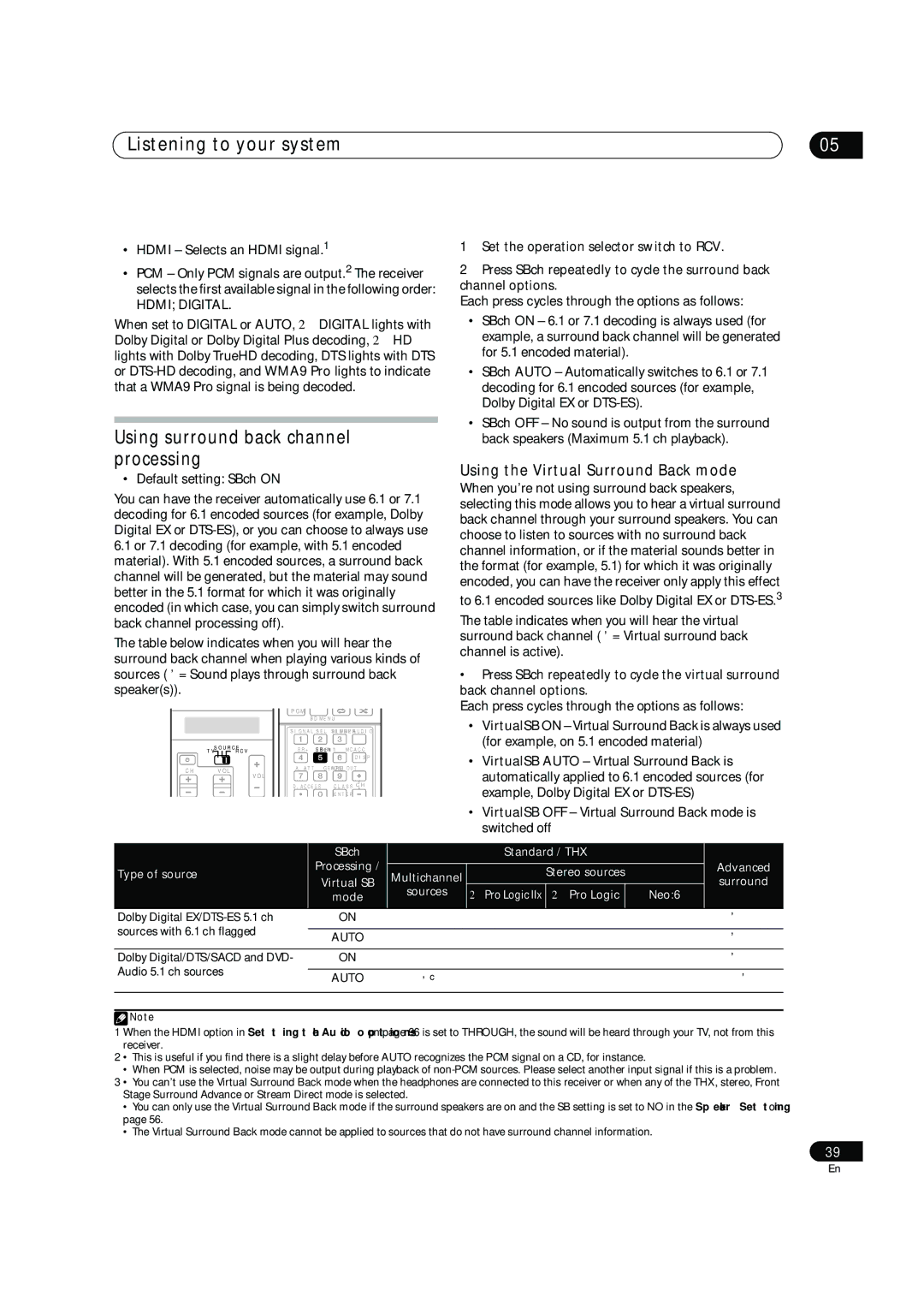 Pioneer SC-05, SC-07 manual Using surround back channel processing, Using the Virtual Surround Back mode, Hdmi Digital, Auto 