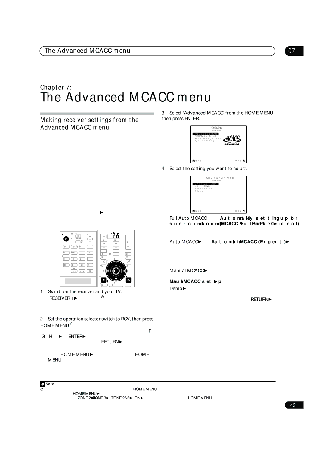 Pioneer SC-05, SC-07 Advanced Mcacc menu Chapter, Making receiver settings from the Advanced Mcacc menu, Home MENU.2 