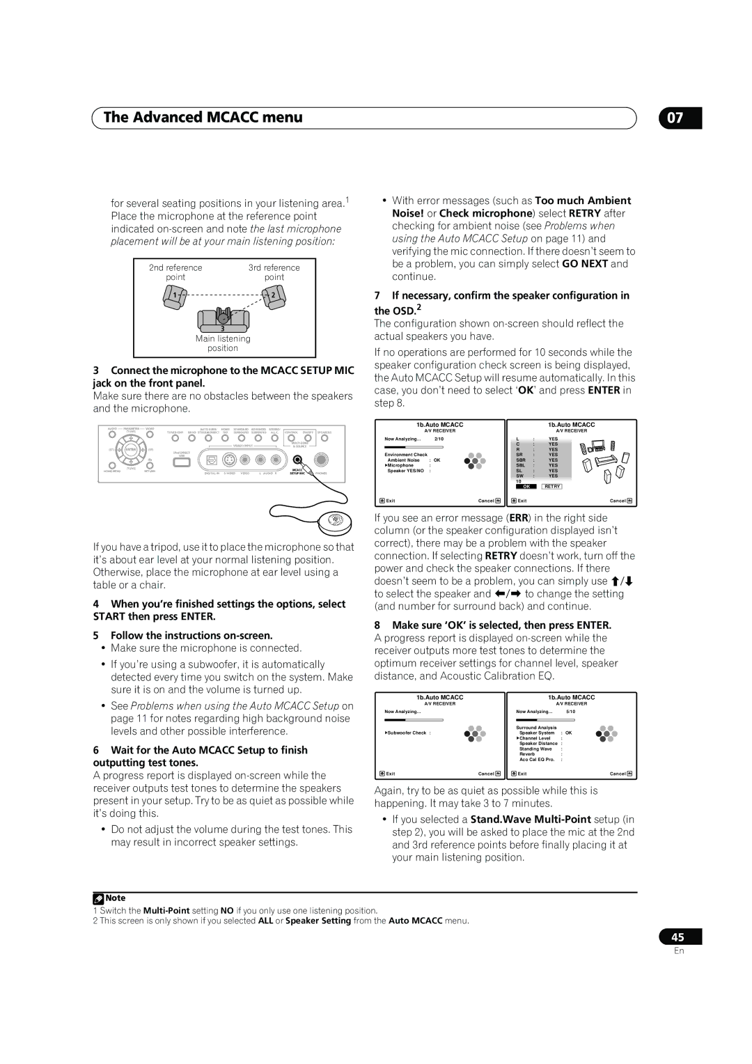 Pioneer SC-05, SC-07 manual Advanced Mcacc menu, If necessary, confirm the speaker configuration in the OSD.2 