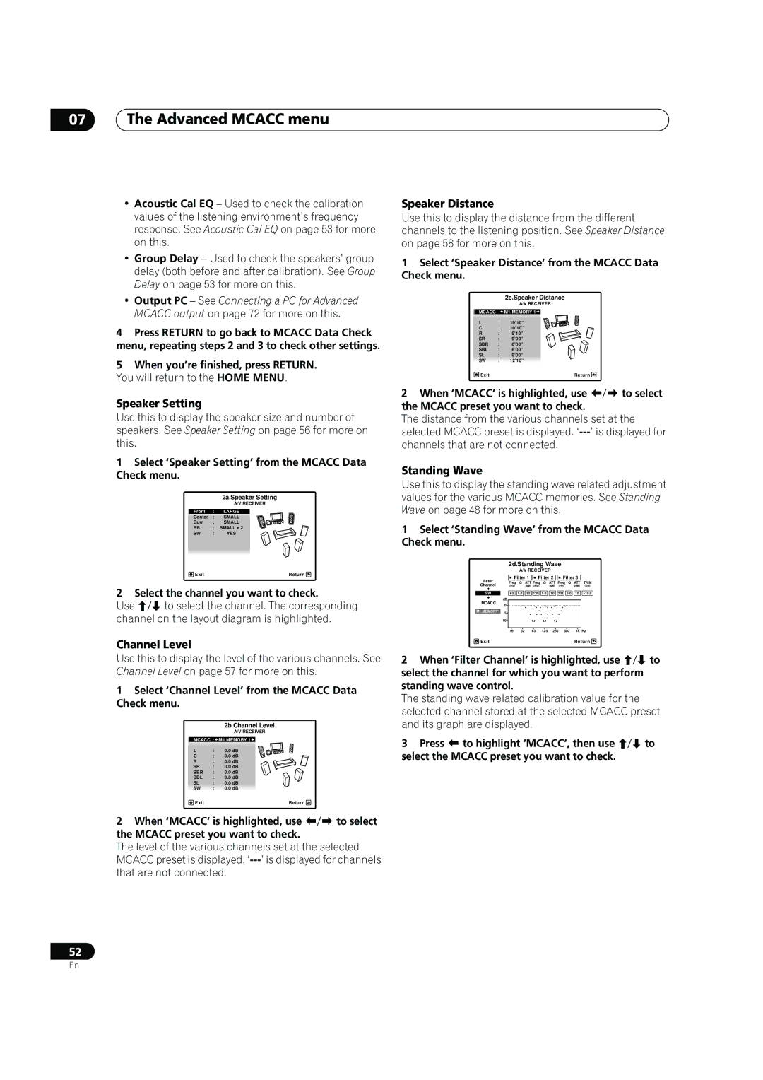 Pioneer SC-07, SC-05 manual Speaker Setting, Channel Level, Speaker Distance, Standing Wave 