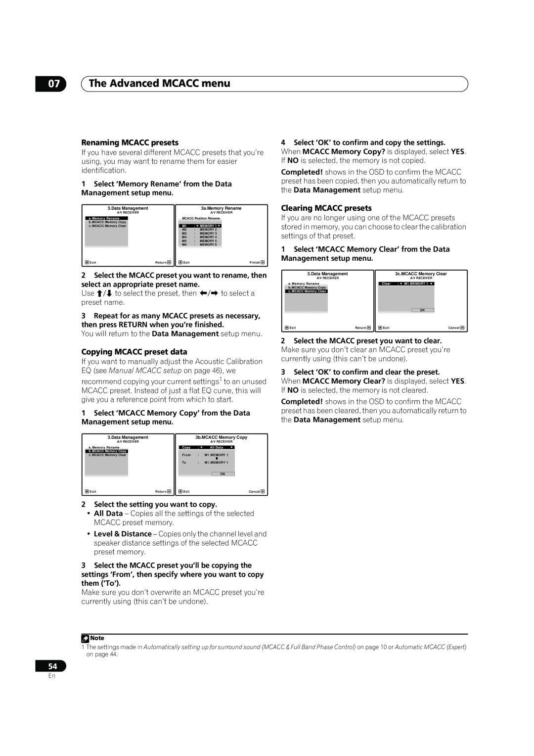 Pioneer SC-07, SC-05 manual Renaming Mcacc presets, Clearing Mcacc presets, Copying Mcacc preset data 