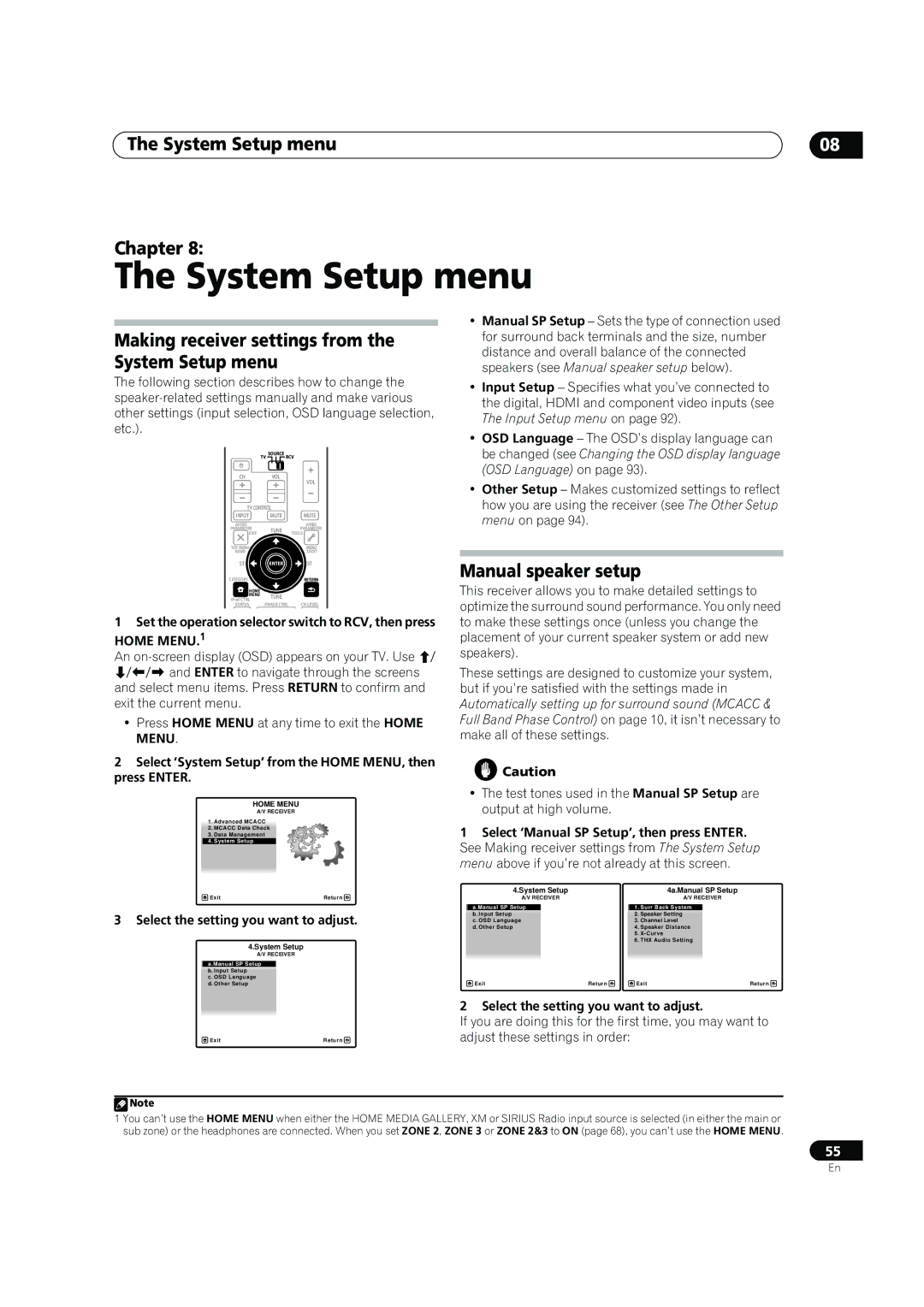 Pioneer SC-05 System Setup menu Chapter, Making receiver settings from the System Setup menu, Manual speaker setup 