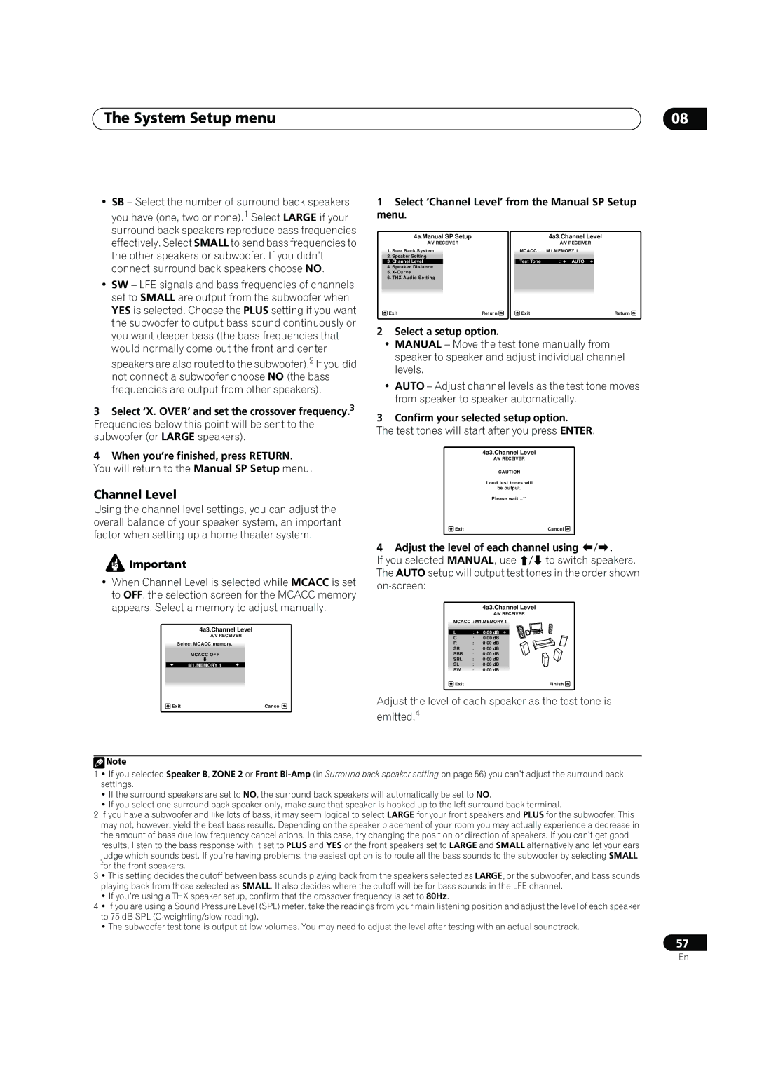 Pioneer SC-05, SC-07 manual Select ‘Channel Level’ from the Manual SP Setup menu, Select a setup option 