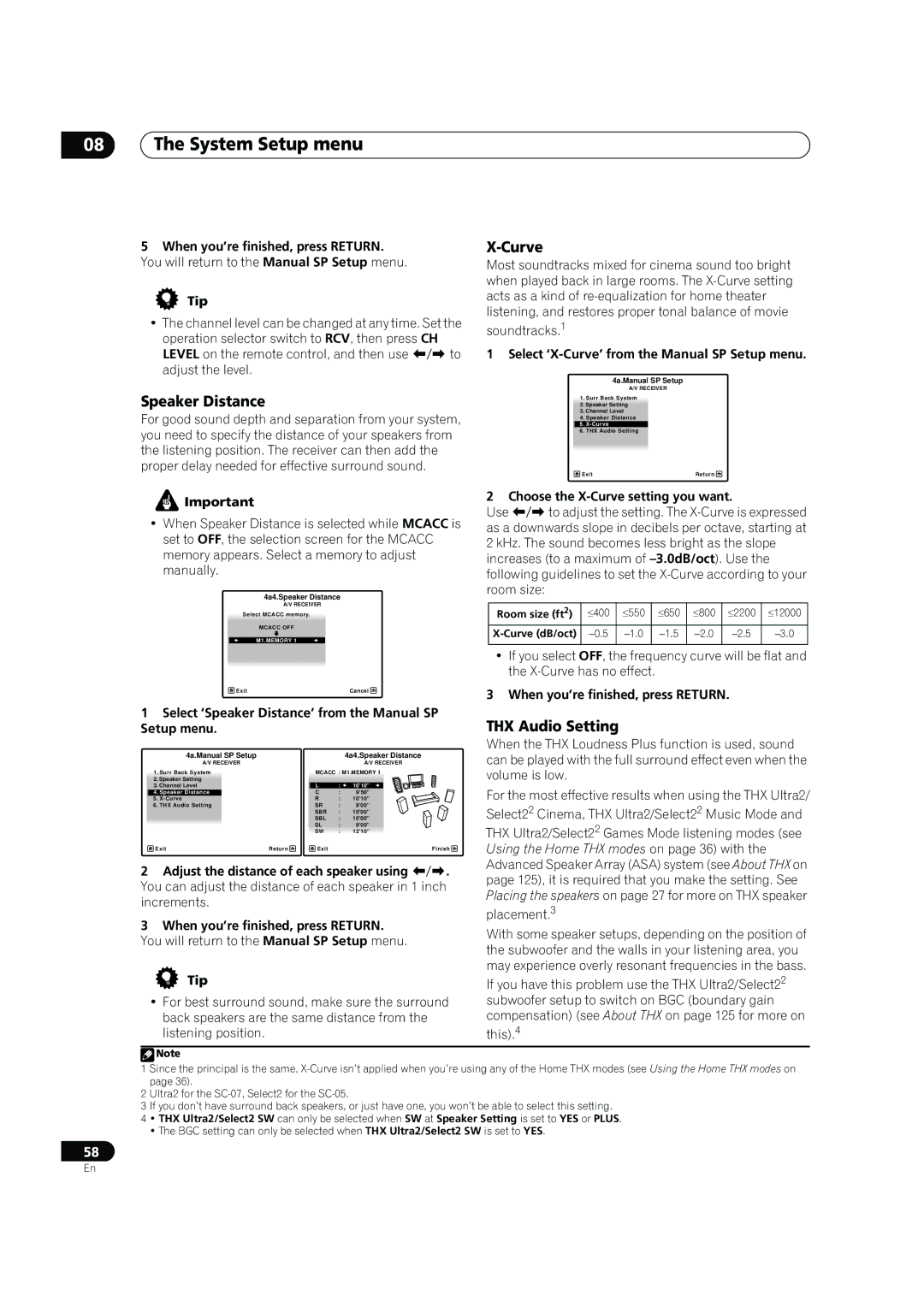 Pioneer SC-07, SC-05 manual Speaker Distance, Curve, THX Audio Setting 
