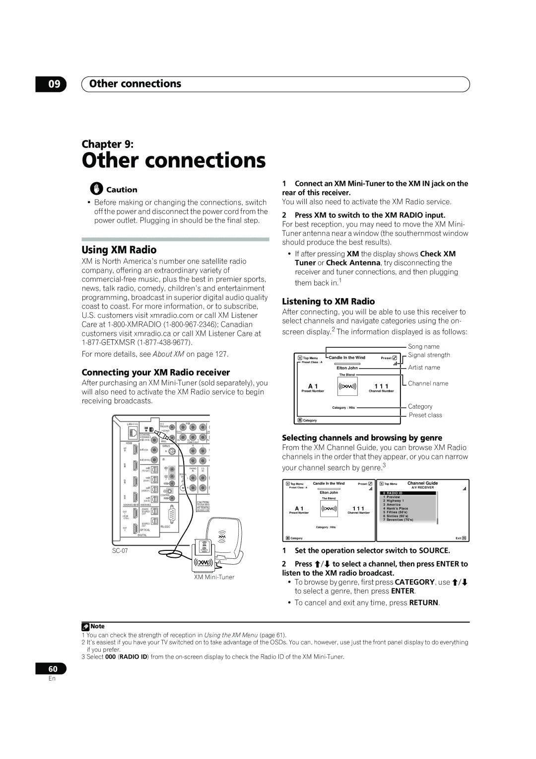 Pioneer SC-07 Other connections Chapter, Using XM Radio, Connecting your XM Radio receiver, Listening to XM Radio 