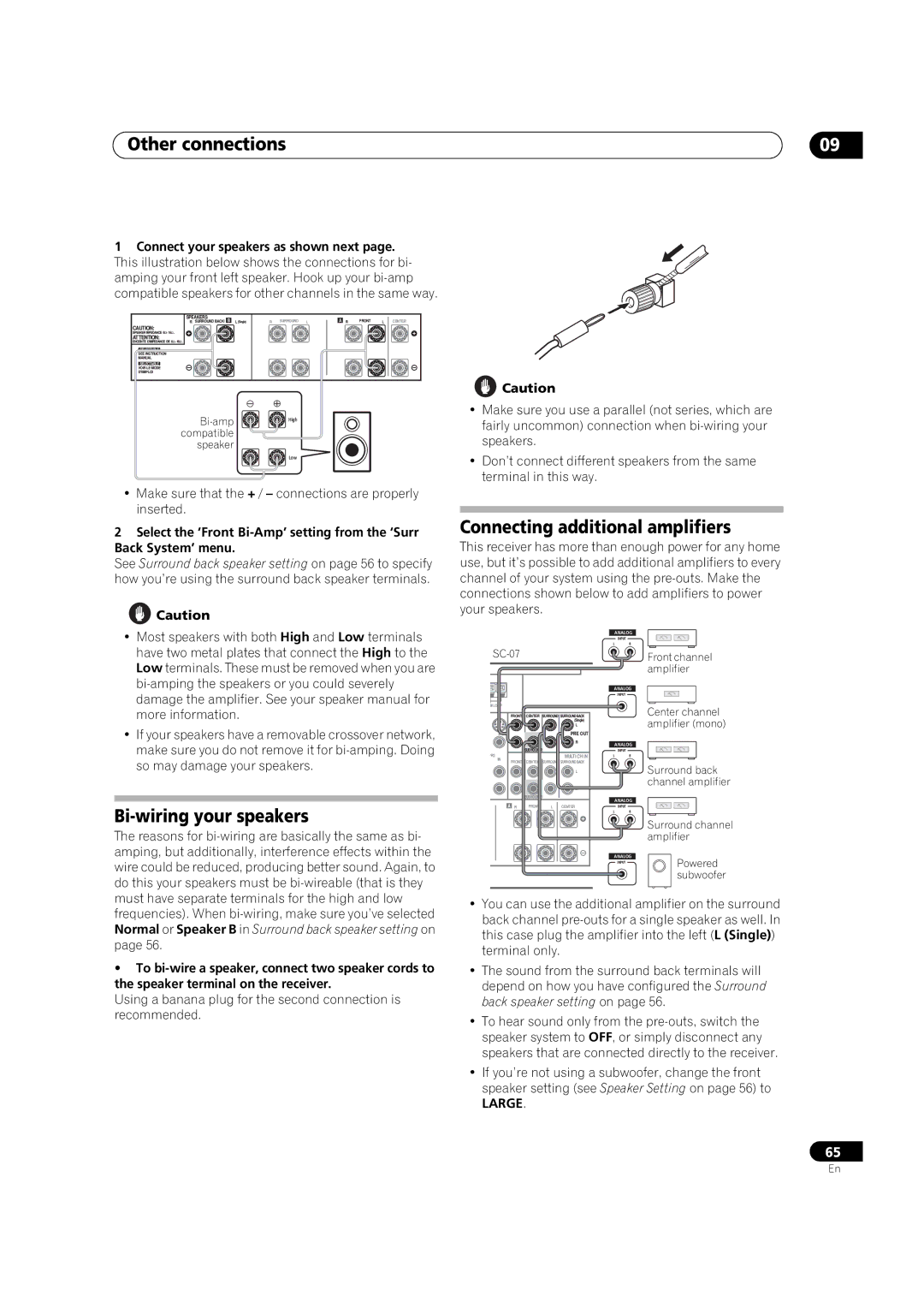 Pioneer SC-05, SC-07 manual Connecting additional amplifiers, Bi-wiring your speakers, Large 