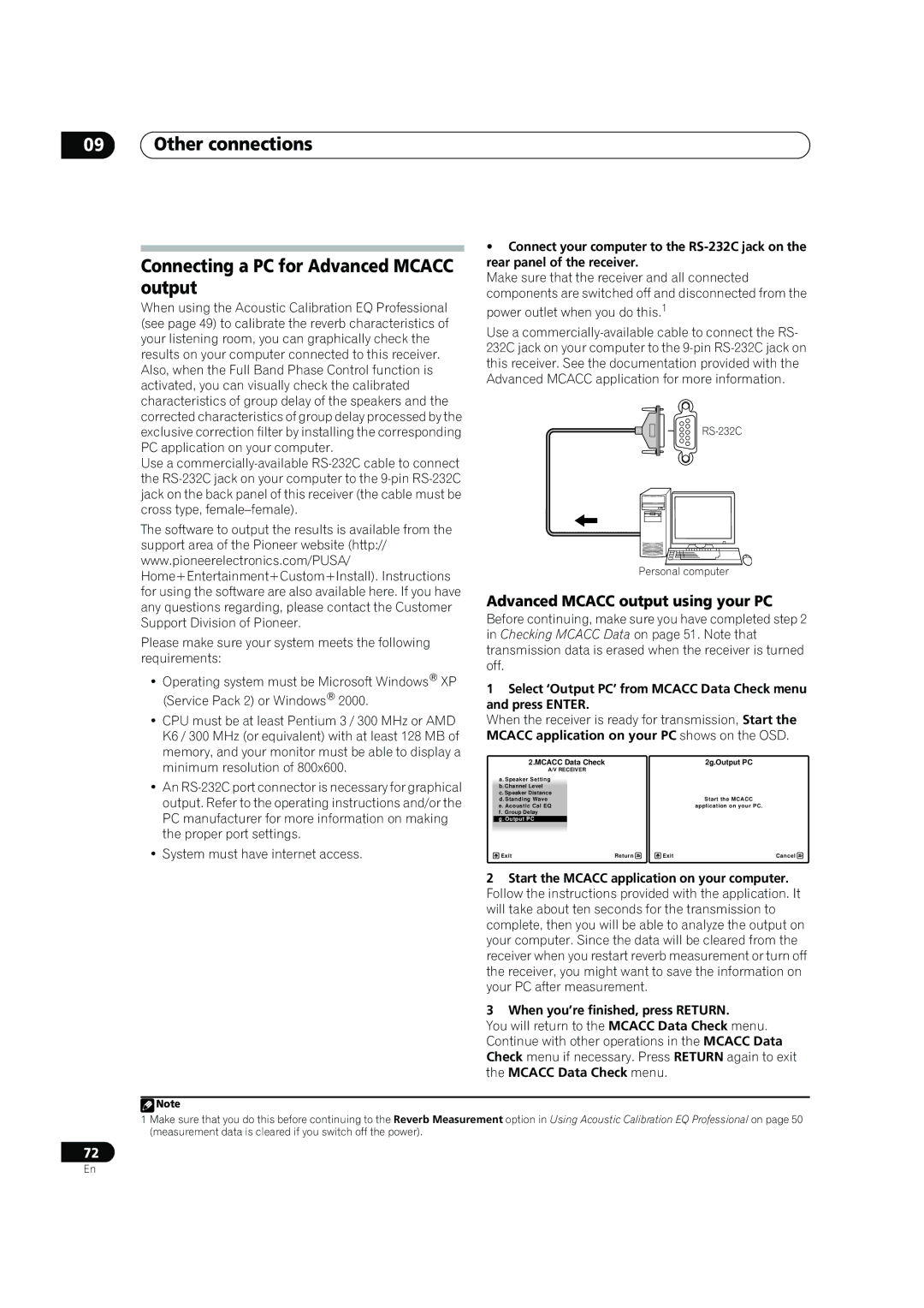 Pioneer SC-07, SC-05 manual Other connections Connecting a PC for Advanced Mcacc output, Advanced Mcacc output using your PC 