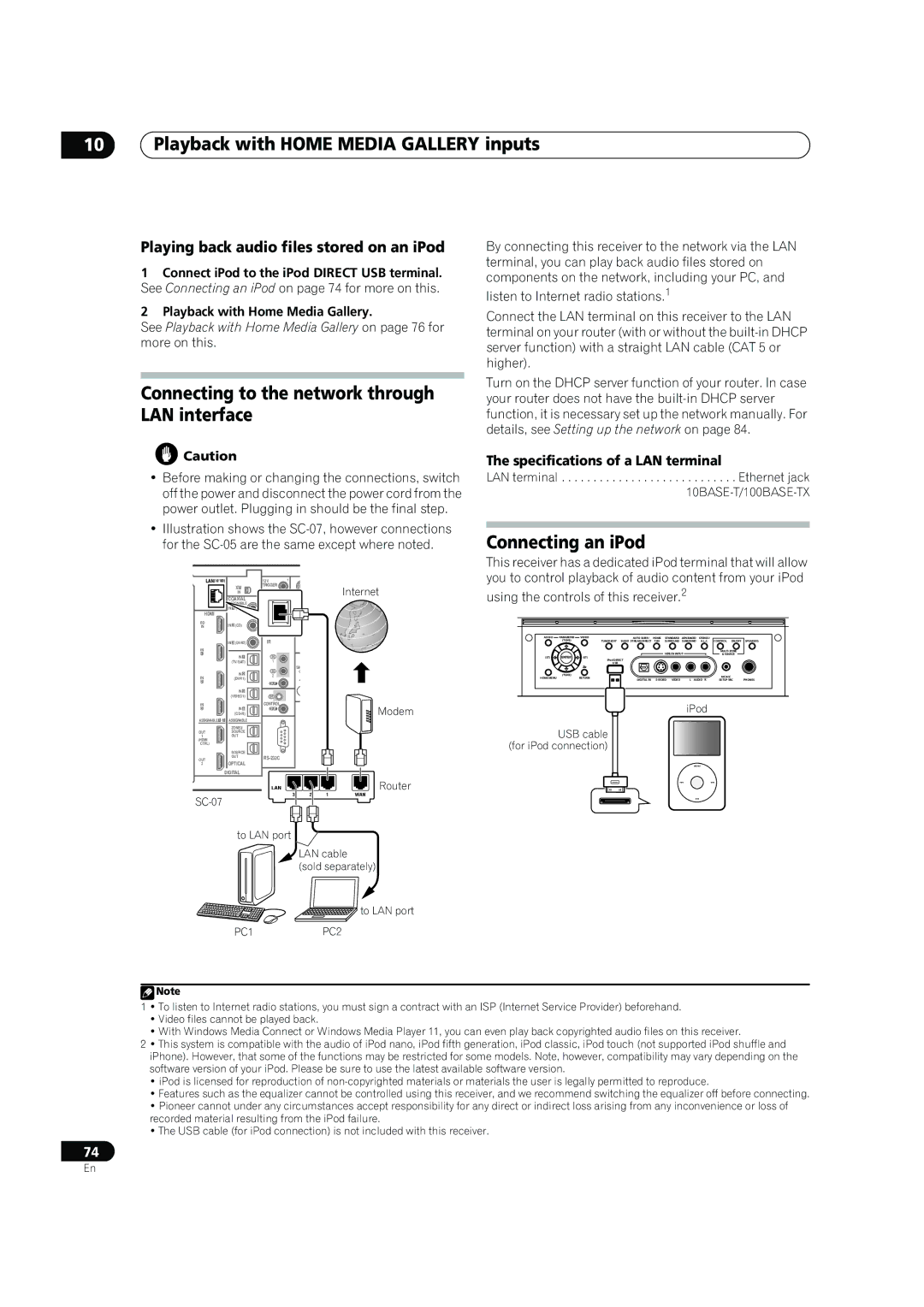 Pioneer SC-07 Playback with Home Media Gallery inputs, Connecting to the network through LAN interface, Connecting an iPod 