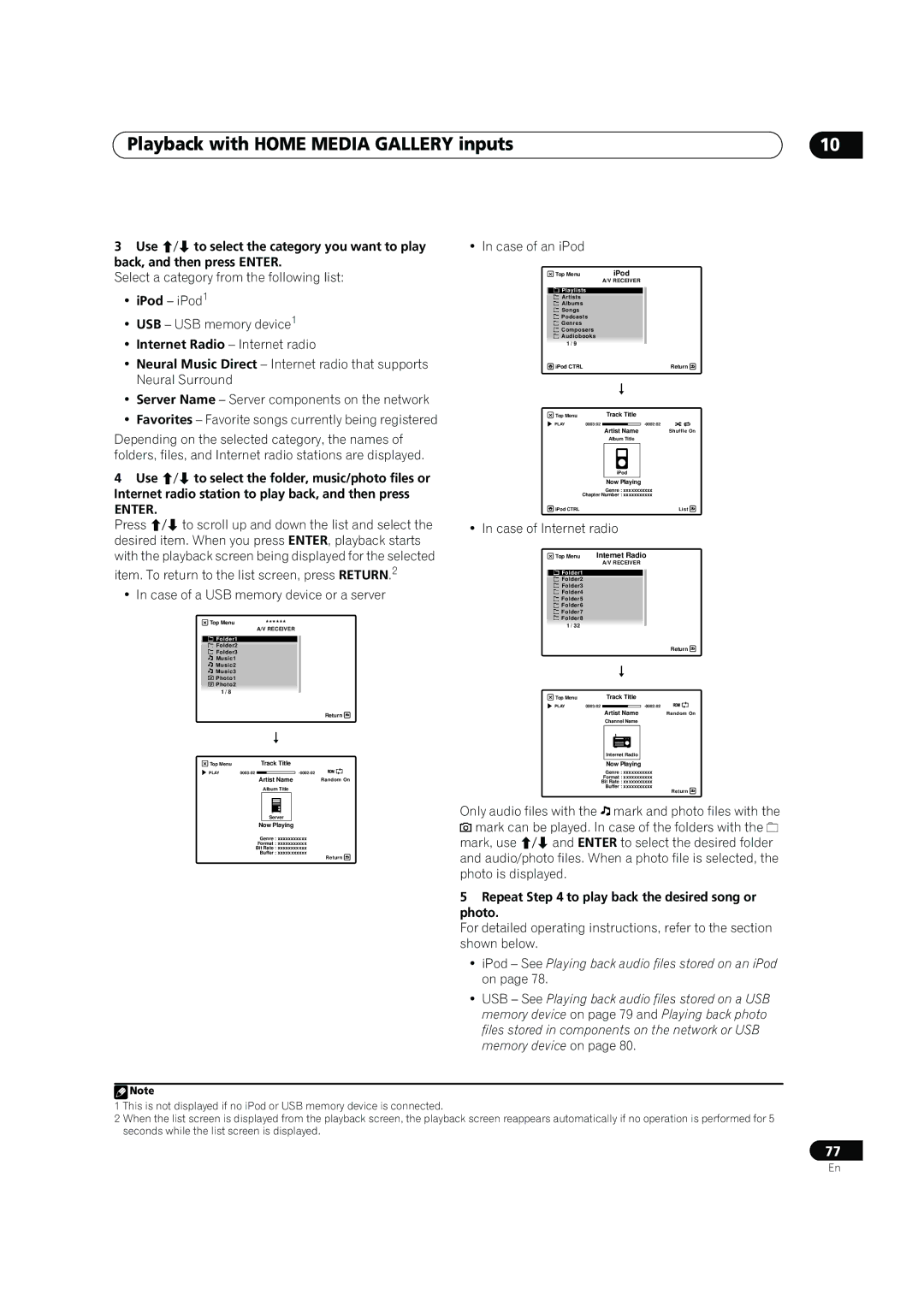 Pioneer SC-05, SC-07 manual Enter, Item. To return to the list screen, press Return, Case of a USB memory device or a server 