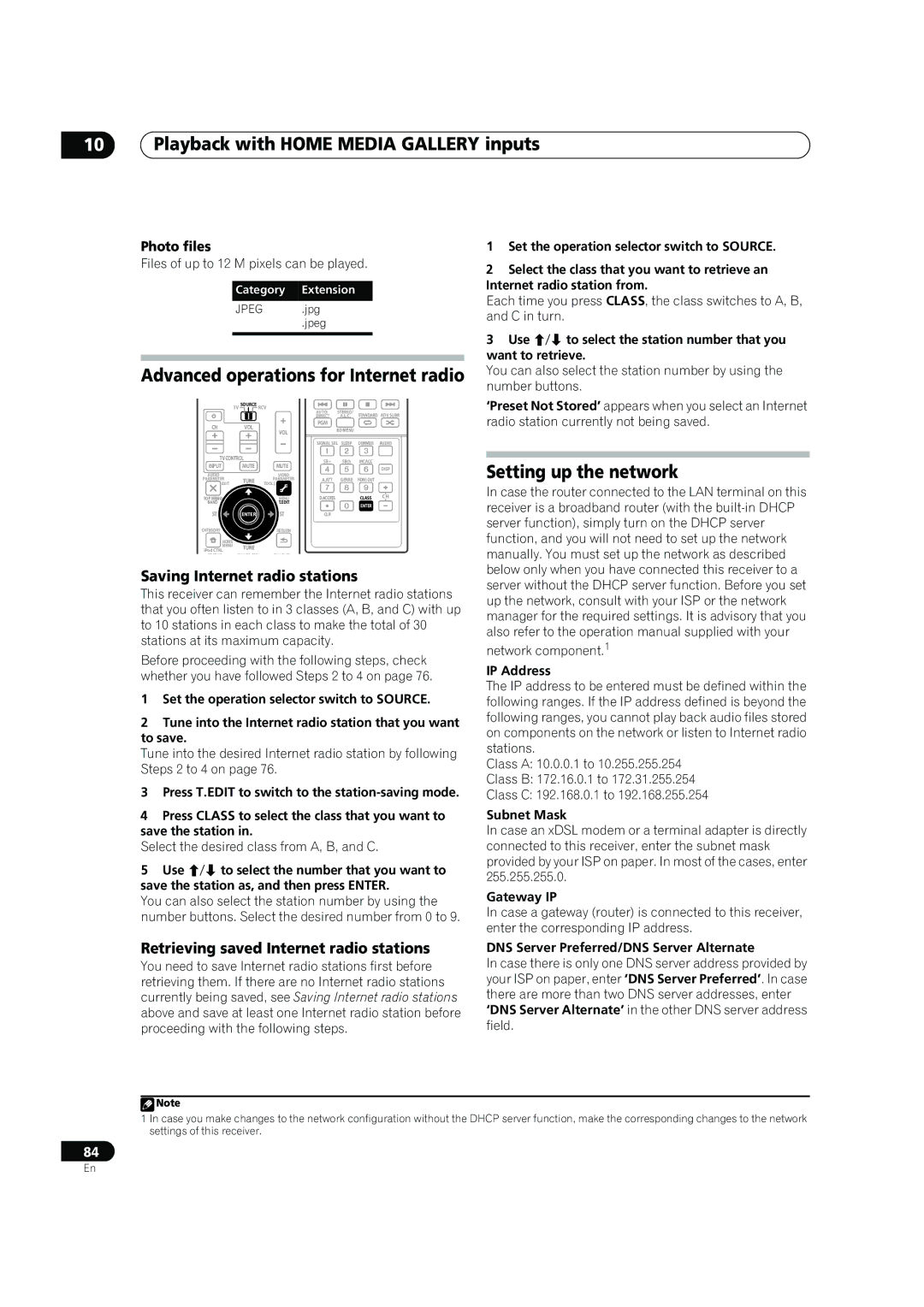 Pioneer SC-07 Advanced operations for Internet radio, Setting up the network, Saving Internet radio stations, Photo files 