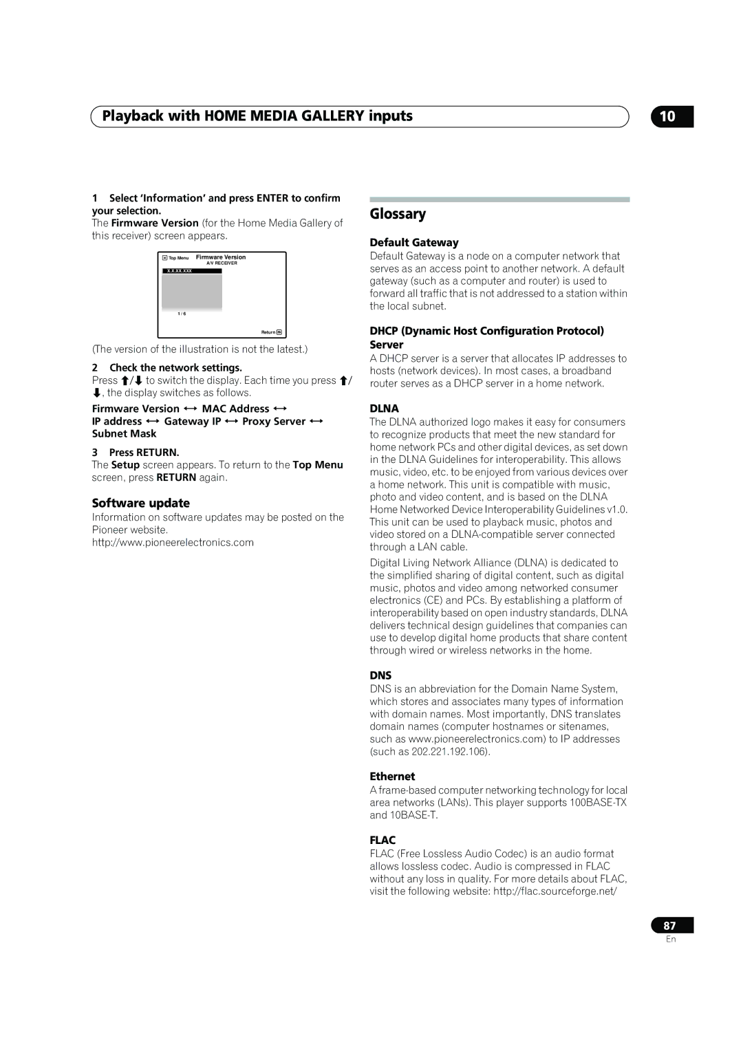 Pioneer SC-05, SC-07 Glossary, Software update, Default Gateway, Dhcp Dynamic Host Configuration Protocol Server, Ethernet 