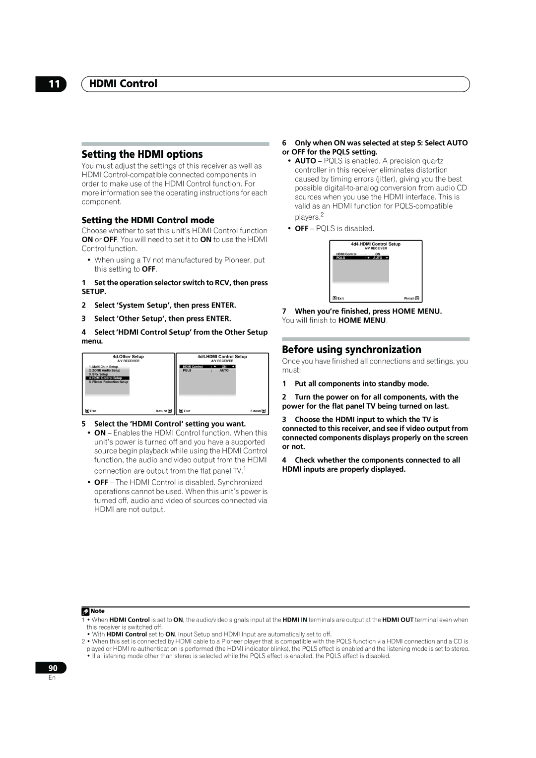 Pioneer SC-07 Hdmi Control Setting the Hdmi options, Before using synchronization, Setting the Hdmi Control mode, Setup 