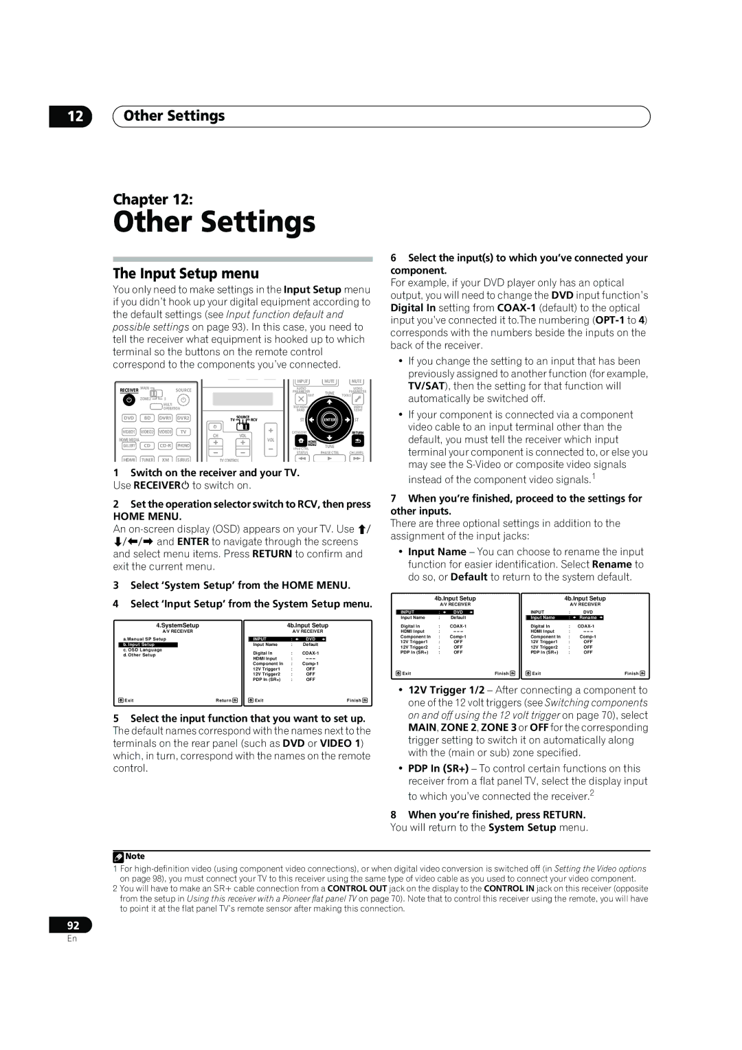 Pioneer SC-07, SC-05 manual Other Settings Chapter, Input Setup menu, Component 