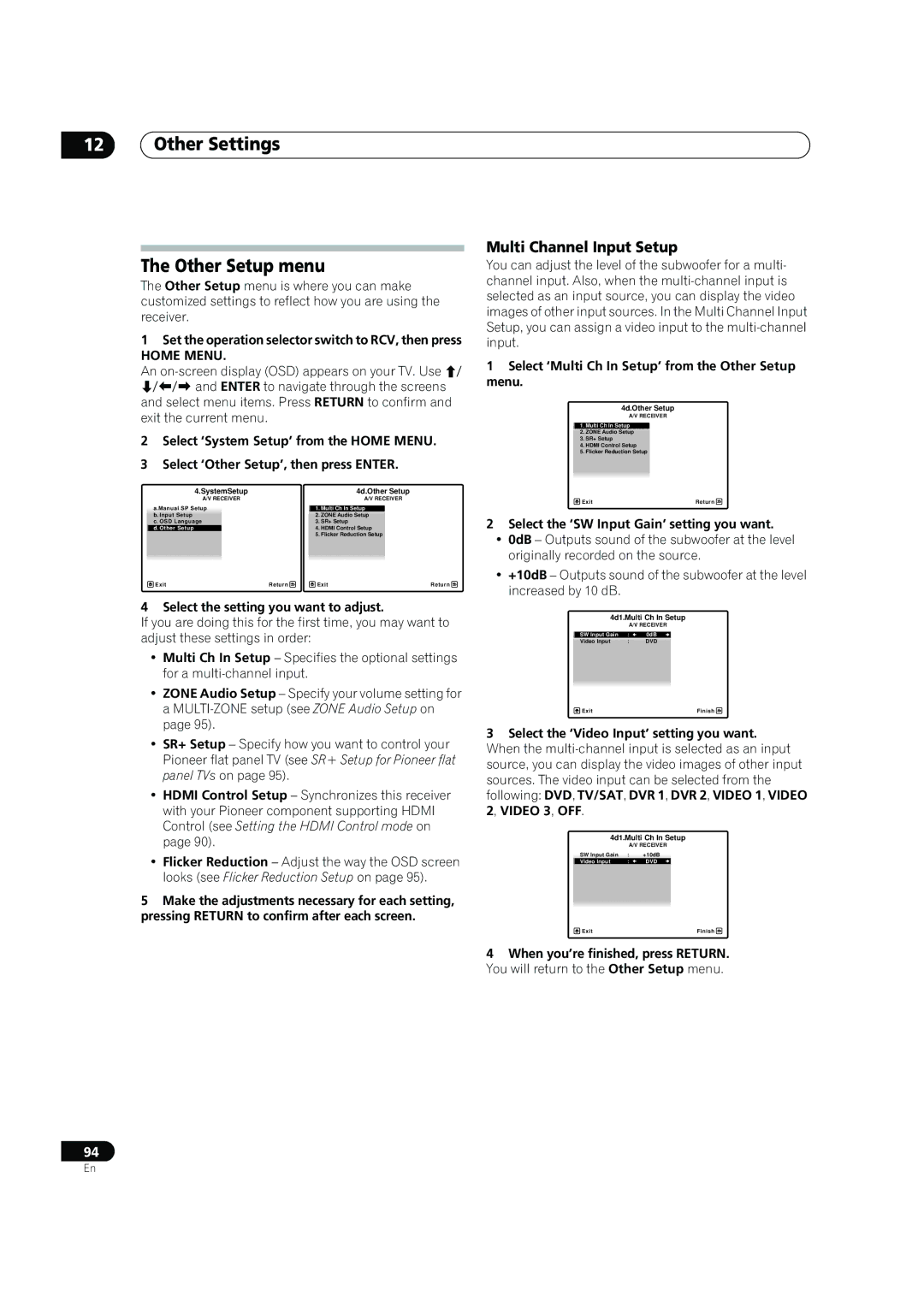 Pioneer SC-07 Other Settings Other Setup menu, Multi Channel Input Setup, Select the ‘SW Input Gain’ setting you want 