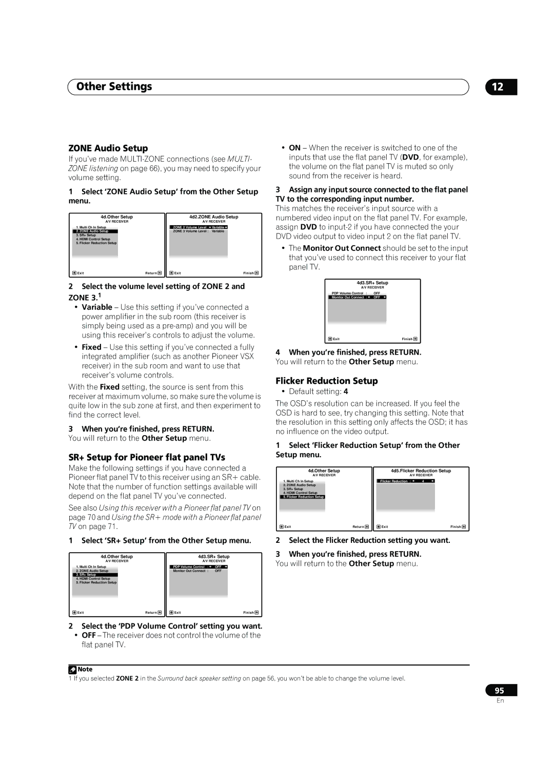 Pioneer SC-05, SC-07 manual Zone Audio Setup, SR+ Setup for Pioneer flat panel TVs, Flicker Reduction Setup 