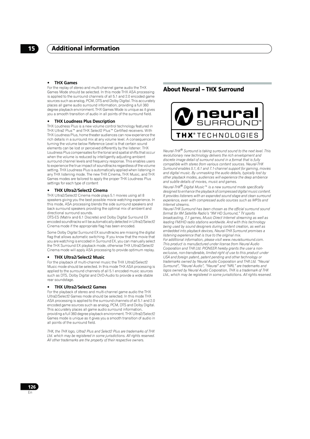 Pioneer SC-07, SC-05 manual About Neural - THX Surround, Additional information, THX Games, THX Loudness Plus Description 