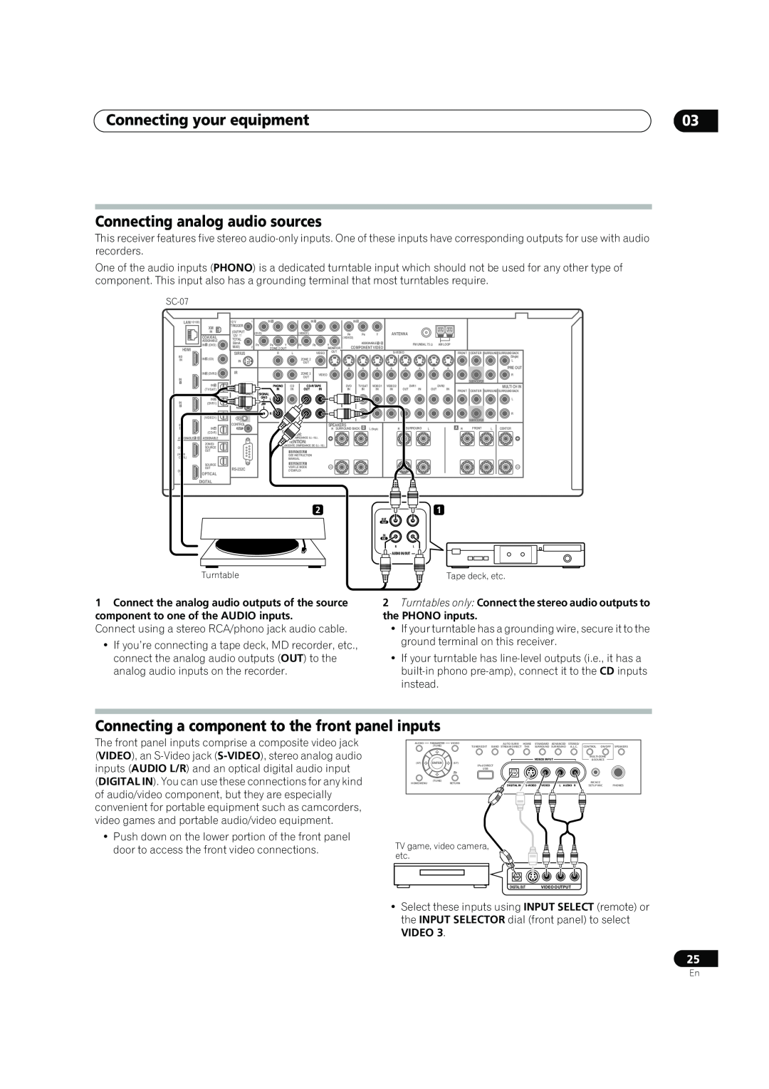 Pioneer SC-05 Connecting analog audio sources, Connecting a component to the front panel inputs, Connecting your equipment 