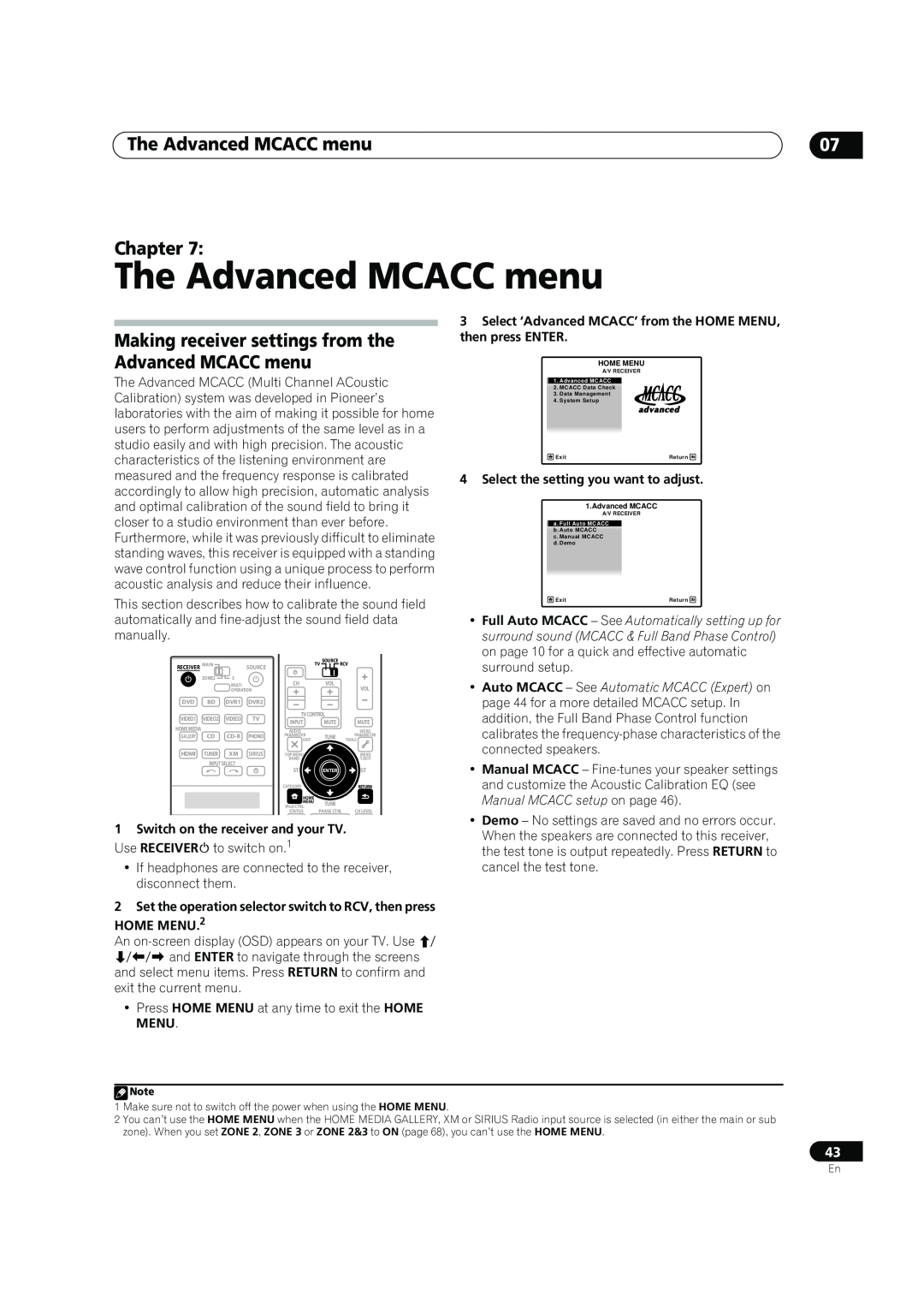 Pioneer SC-05, SC-07 The Advanced MCACC menu, Making receiver settings from the Advanced MCACC menu, Chapter, HOME MENU.2 