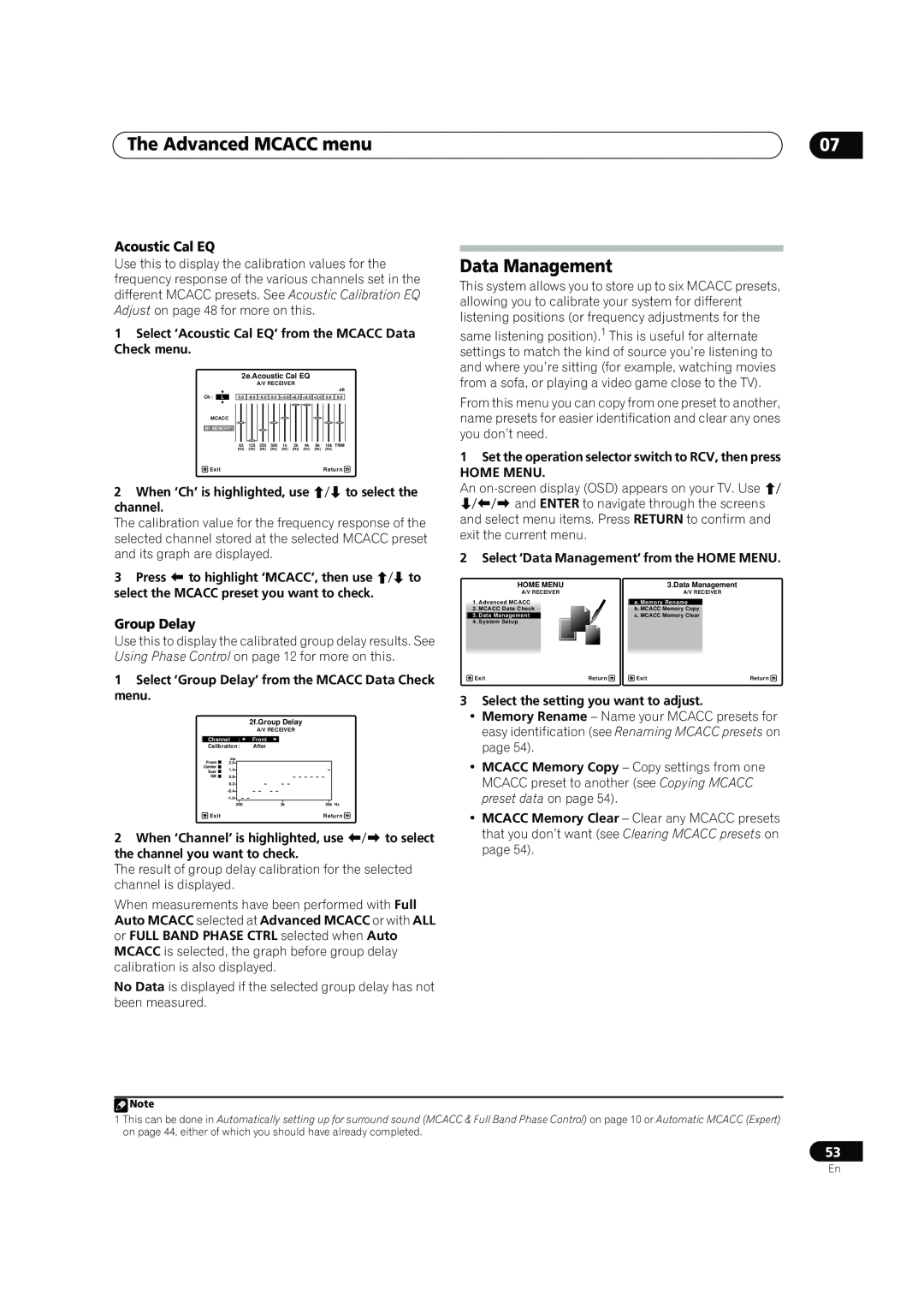 Pioneer SC-05, SC-07 manual Data Management, Acoustic Cal EQ, Group Delay, The Advanced MCACC menu 