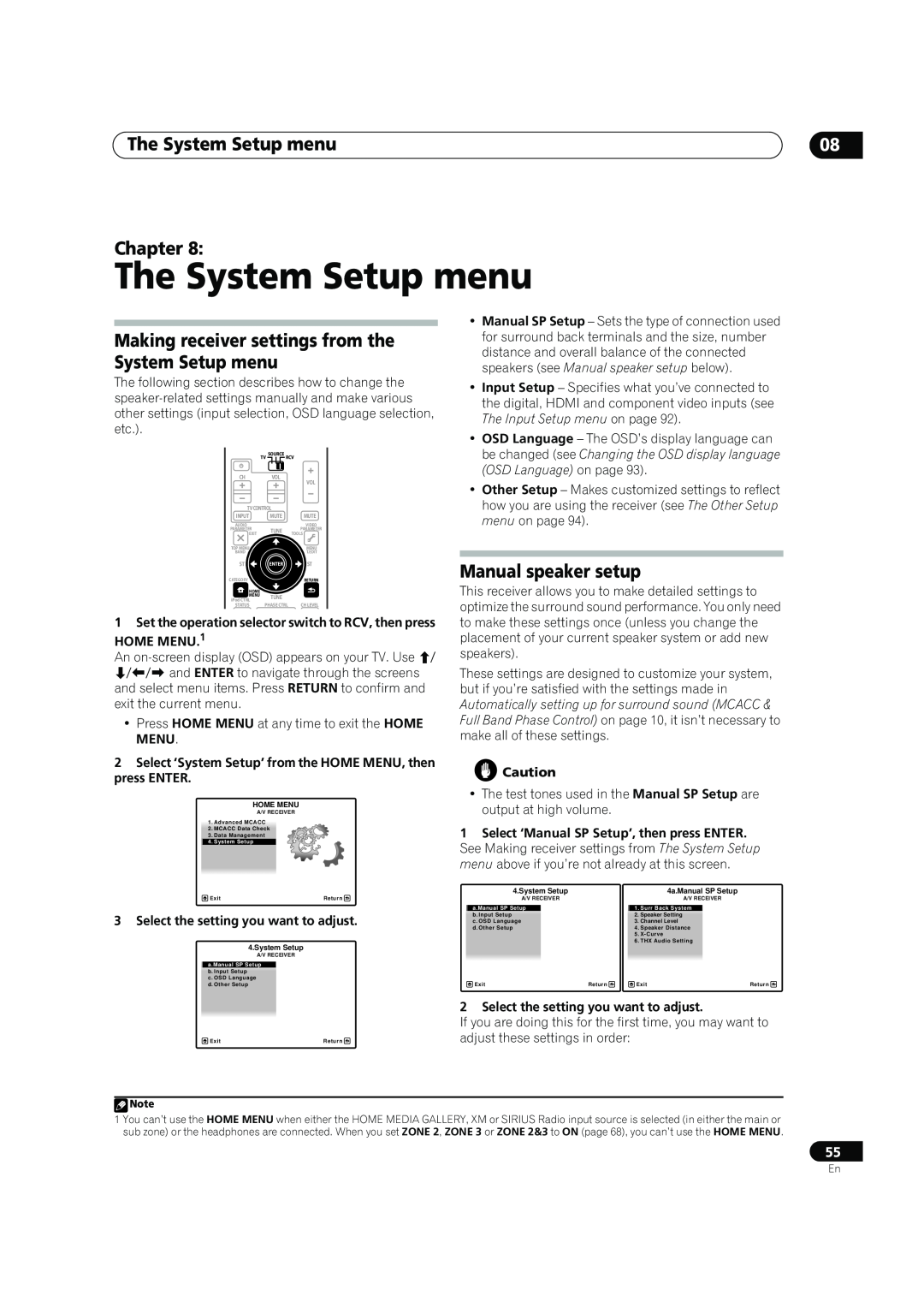 Pioneer SC-05 The System Setup menu, Making receiver settings from the System Setup menu, Manual speaker setup, Chapter 