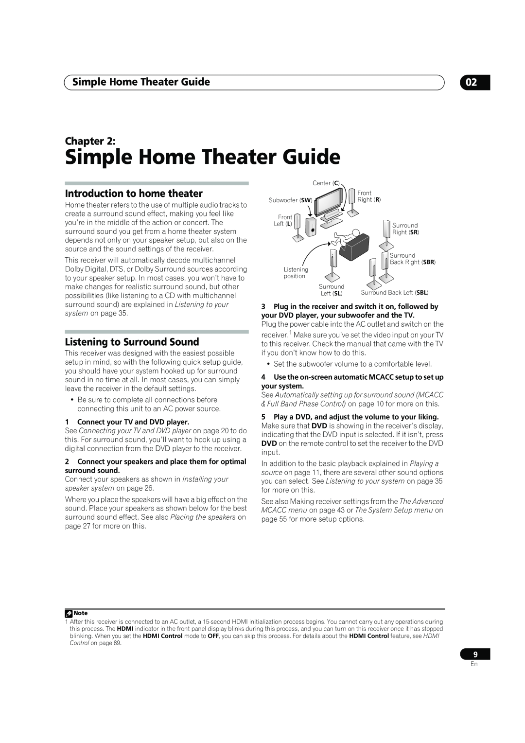 Pioneer SC-05, SC-07 manual Simple Home Theater Guide, Chapter, Introduction to home theater, Listening to Surround Sound 