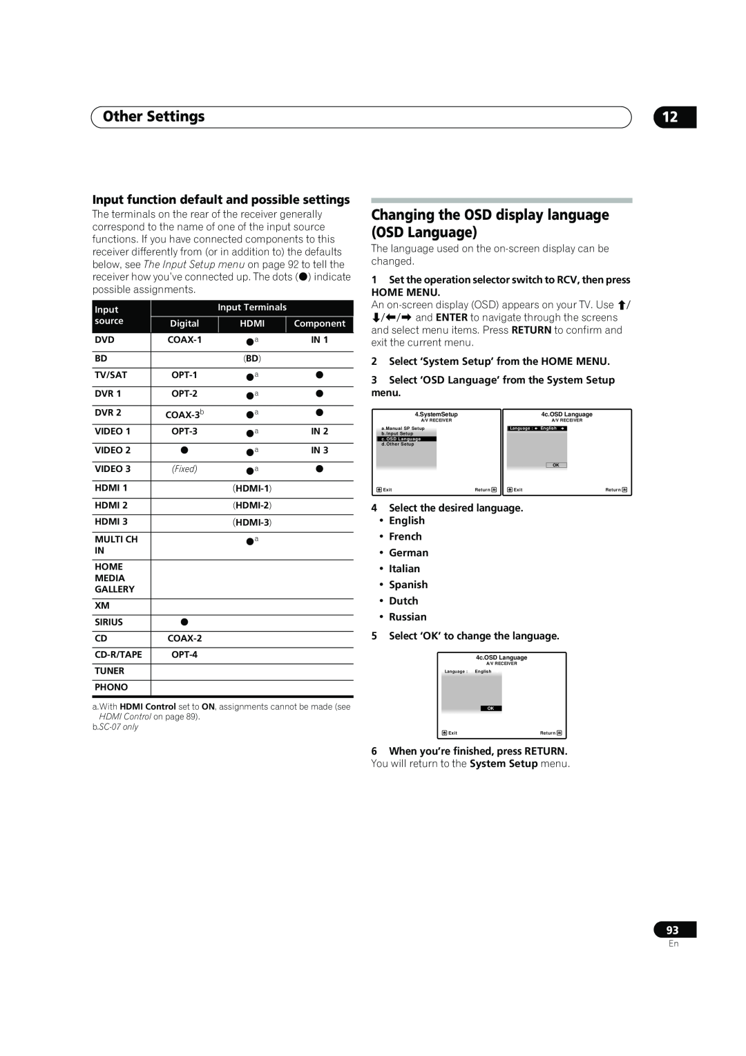 Pioneer SC-05 Other Settings, Changing the OSD display language OSD Language, Input function default and possible settings 
