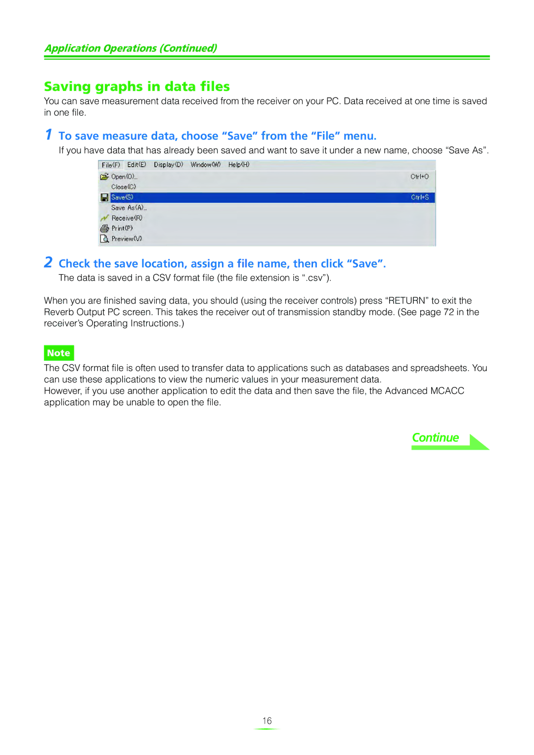 Pioneer SC-07 manual Saving graphs in data files, To save measure data, choose Save from the File menu 