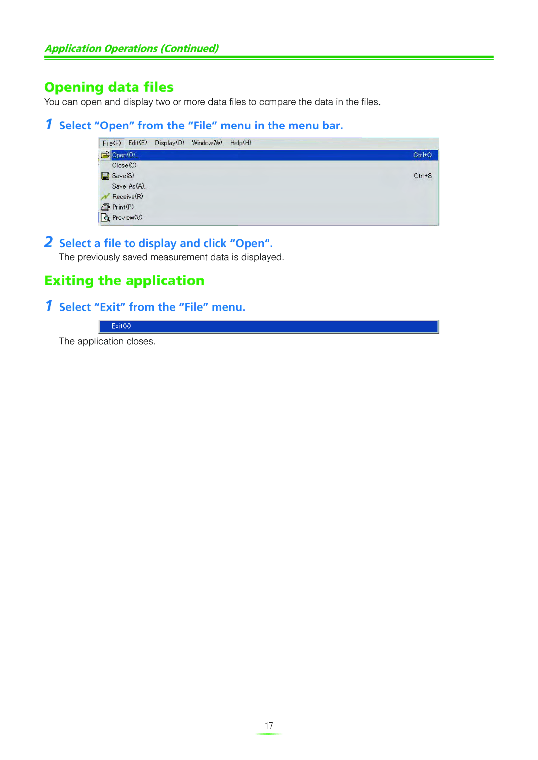 Pioneer SC-07 manual Opening data files, Exiting the application, Select Exit from the File menu 