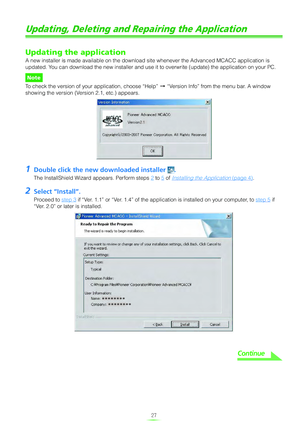 Pioneer SC-07 manual Updating, Deleting and Repairing the Application, Updating the application, Select Install 