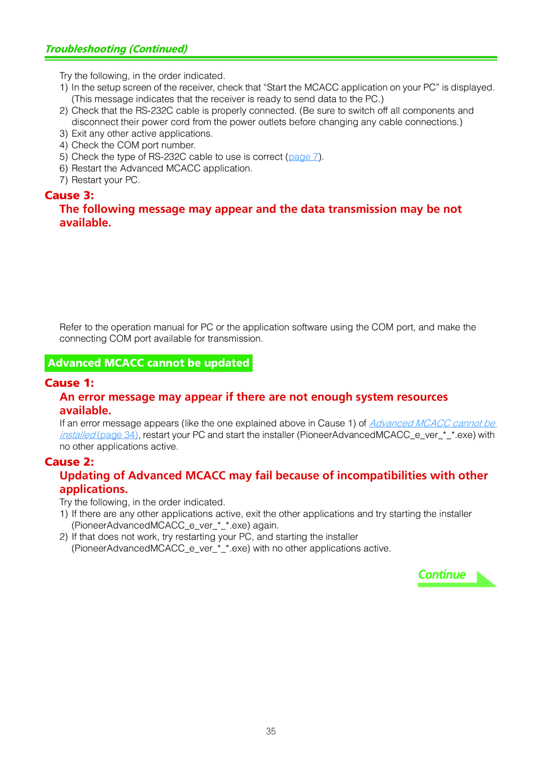 Pioneer SC-07 manual Advanced Mcacc cannot be updated 