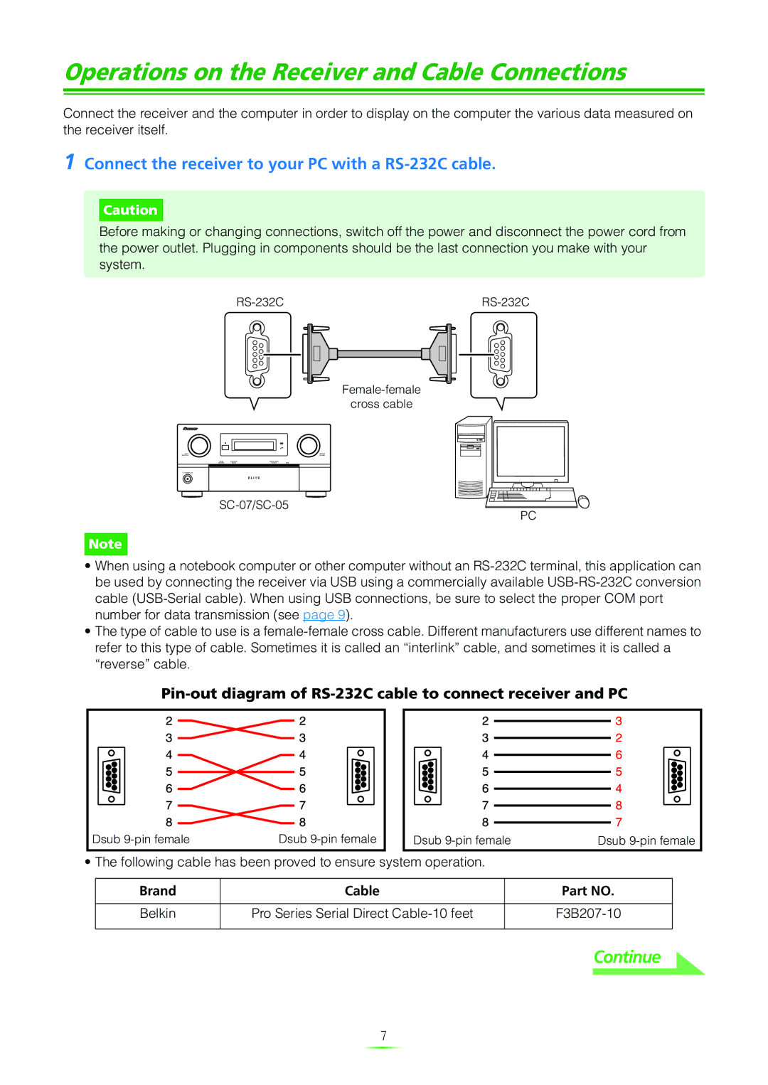 Pioneer SC-07 manual Operations on the Receiver and Cable Connections, Connect the receiver to your PC with a RS-232C cable 