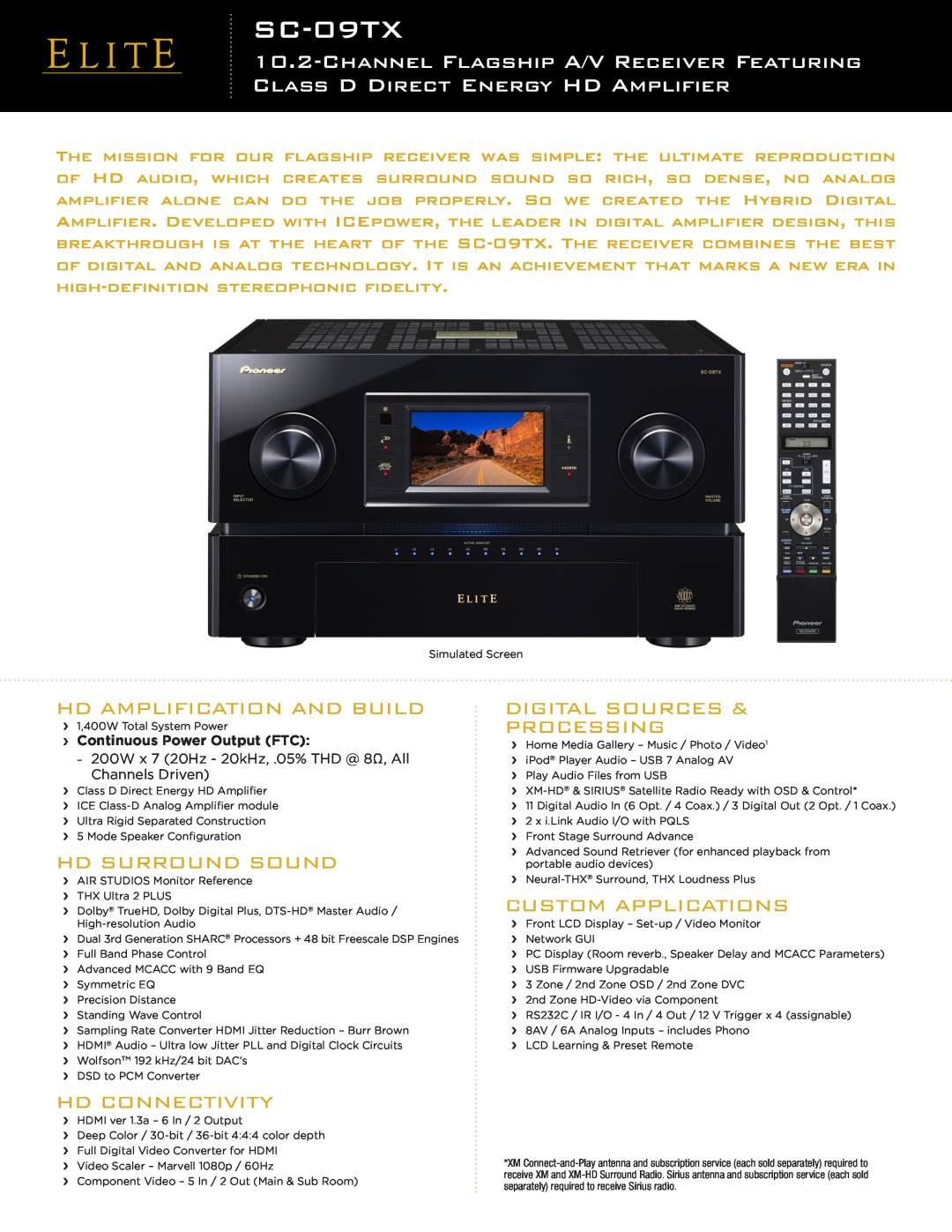 Pioneer SC-09TX manual Hd Amplification And Build, Hd Surround Sound, Digital Sources, Hd Connectivity, Processing 