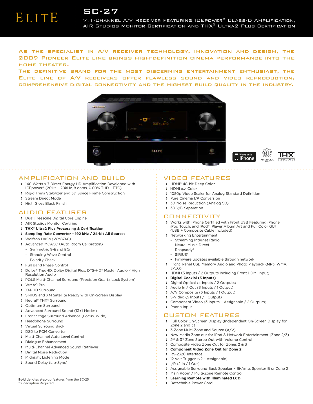 Pioneer SC-27 manual Amplification and Build, Audio Features, Video Features 