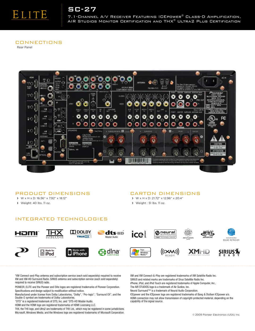 Pioneer SC-27 manual Integrated Technologies, Connections, Product Dimensions Carton Dimensions 