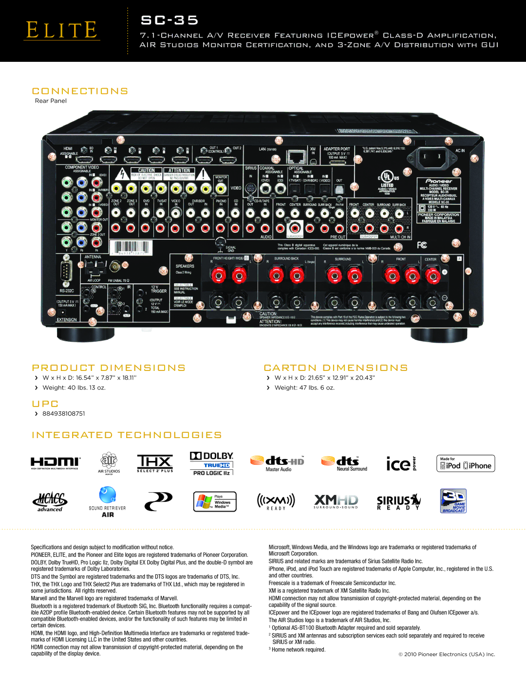 Pioneer SC-35 manual Connections, Product Dimensions Carton Dimensions, UPC Integrated Technologies 