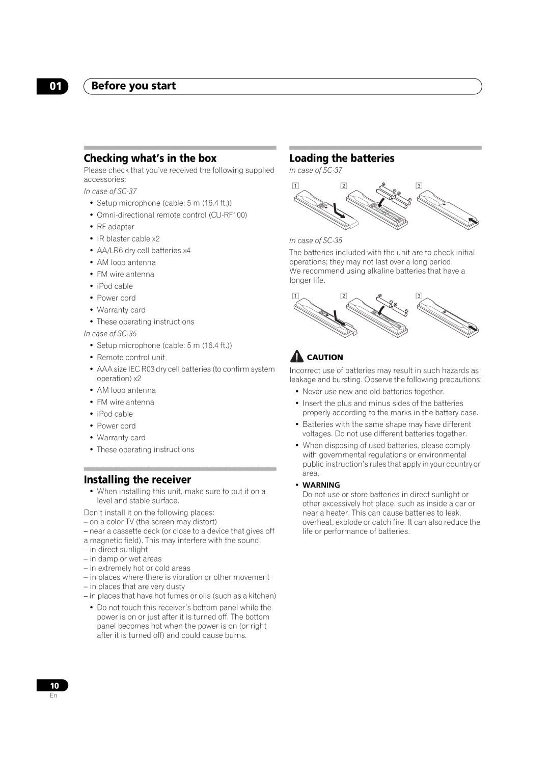 Pioneer SC-35 manual Before you start Checking what’s in the box, Installing the receiver, Loading the batteries 