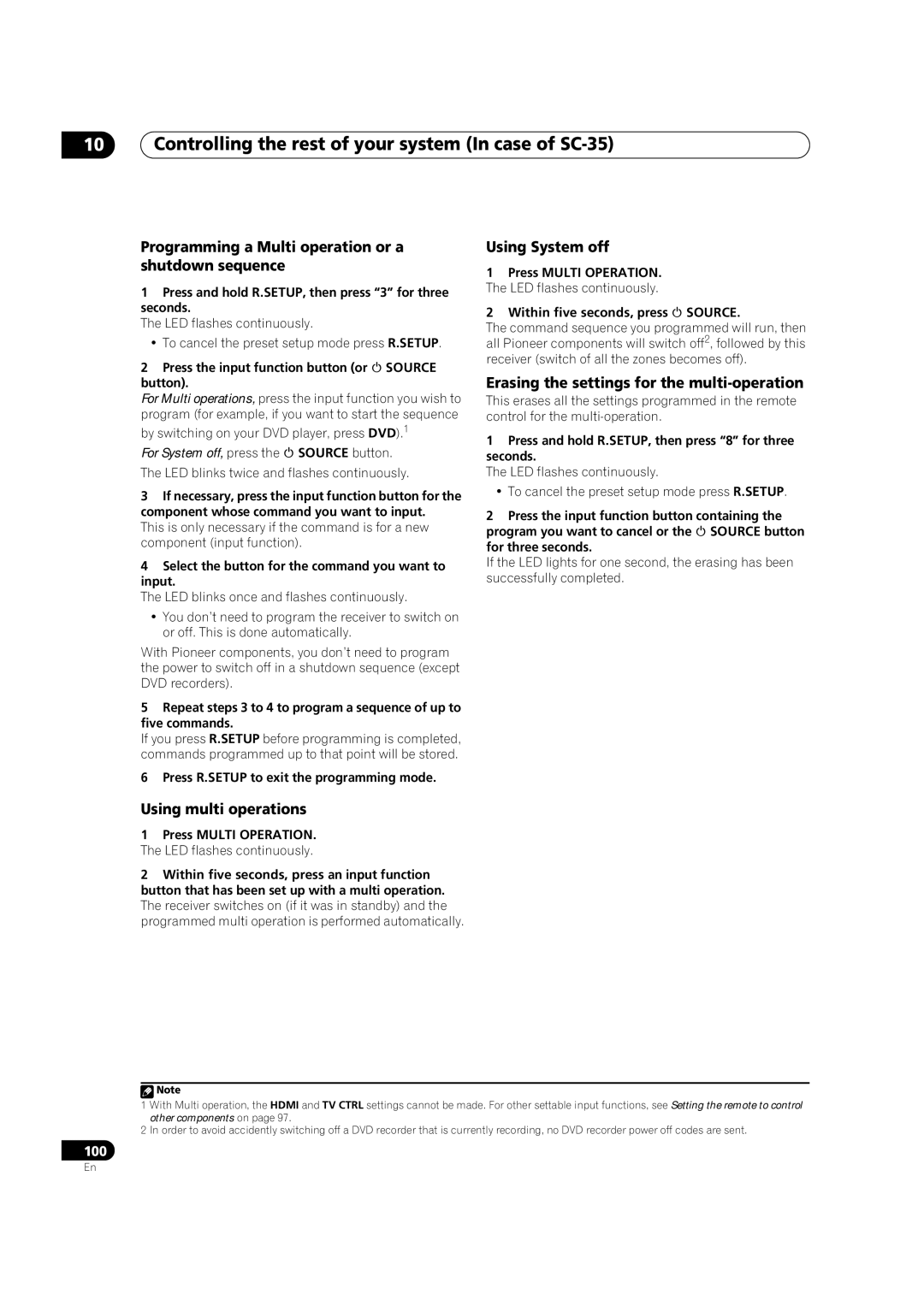 Pioneer SC-35 manual Programming a Multi operation or a shutdown sequence, Erasing the settings for the multi-operation 