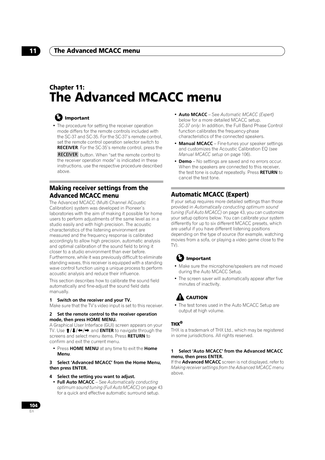 Pioneer SC-35 manual Advanced Mcacc menu Chapter, Making receiver settings from the Advanced Mcacc menu 