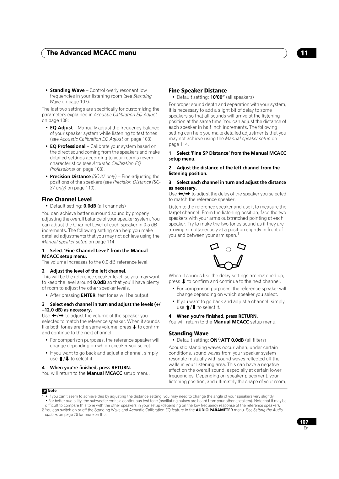 Pioneer SC-35 manual Fine Channel Level, Fine Speaker Distance, Standing Wave, Adjust the level of the left channel 