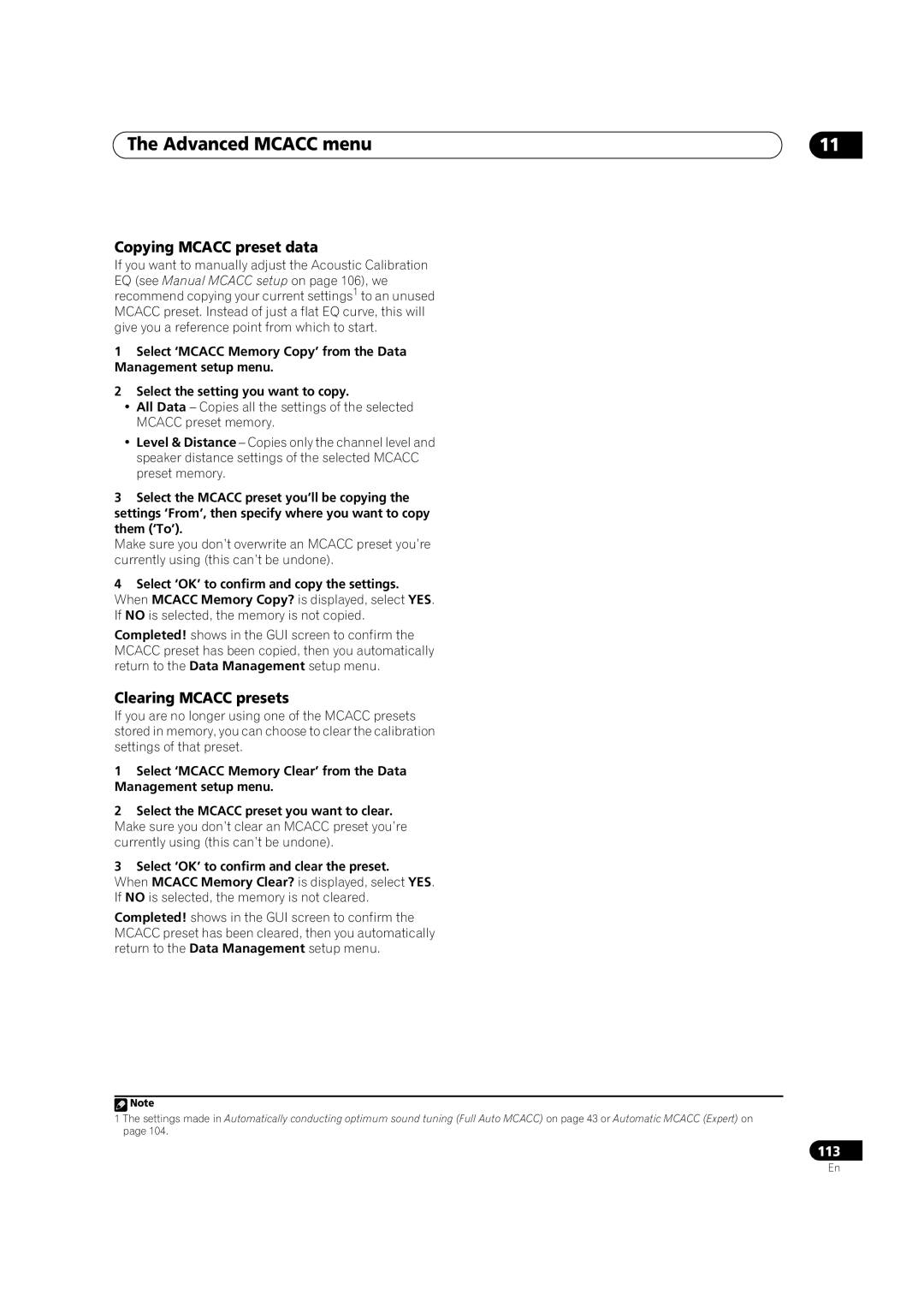 Pioneer SC-35 manual Copying Mcacc preset data, Clearing Mcacc presets 