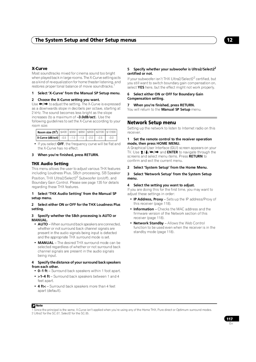 Pioneer SC-35 manual Network Setup menu, Curve, THX Audio Setting, Manual 