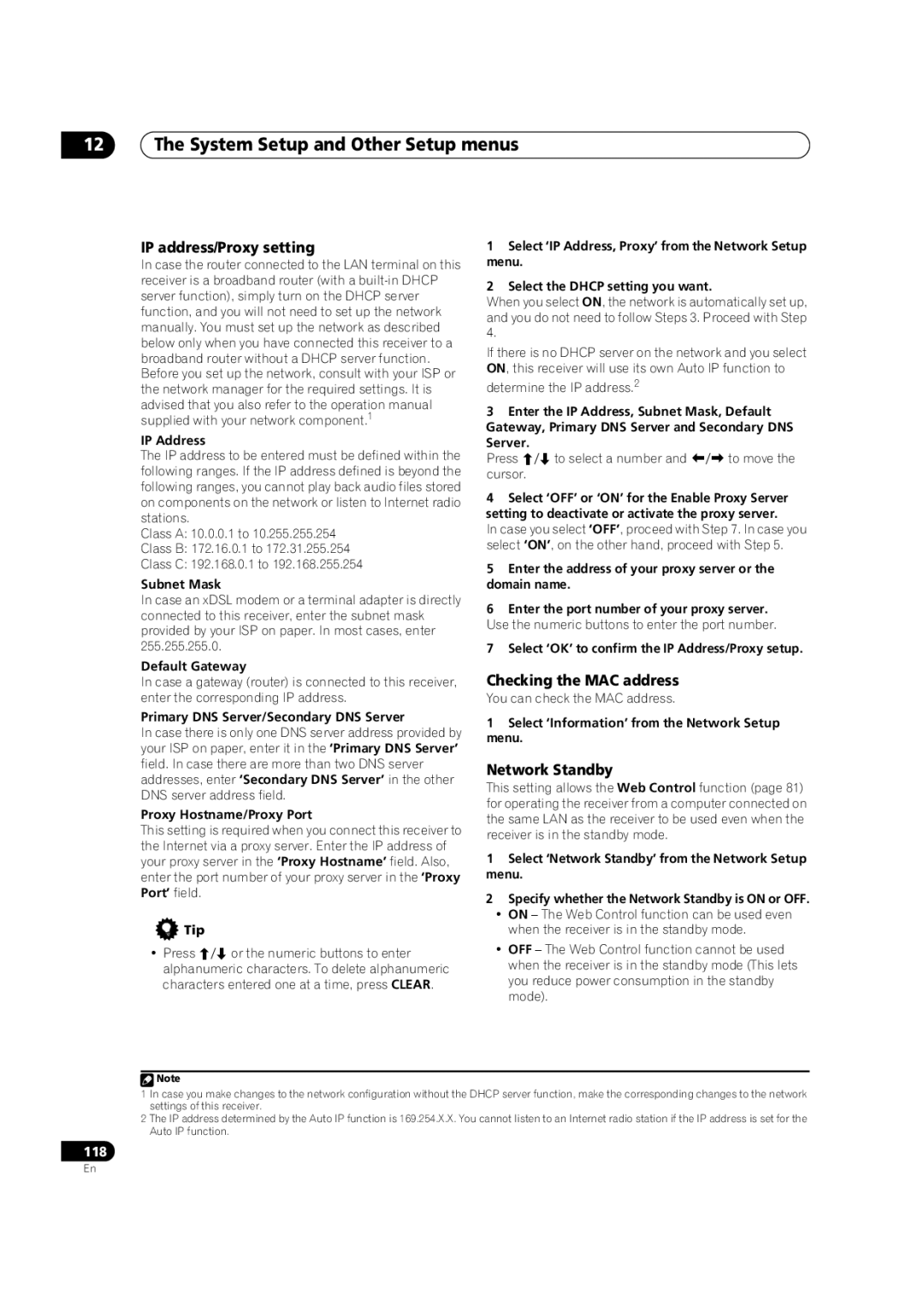 Pioneer SC-35 manual IP address/Proxy setting, Checking the MAC address, Network Standby 